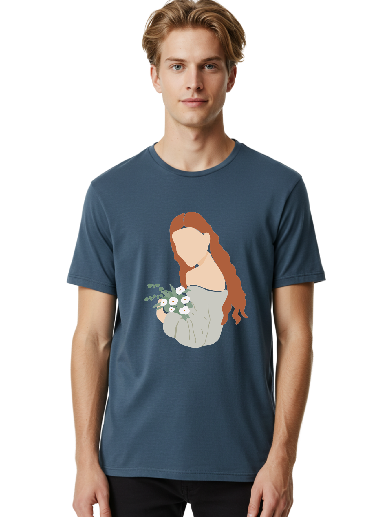 Woman-With-Flowers-1 Men'S Graphic Tee, 100% Cotton, Comfortable Casual Summer Wear, Machine Washable, Woman Holding Flowers, White Flowers, Long Red Hair, Braided Hairstyle, Grey Dress, Elegant, Femininity, Simplicity, Floral Arrangement, Aae073 4