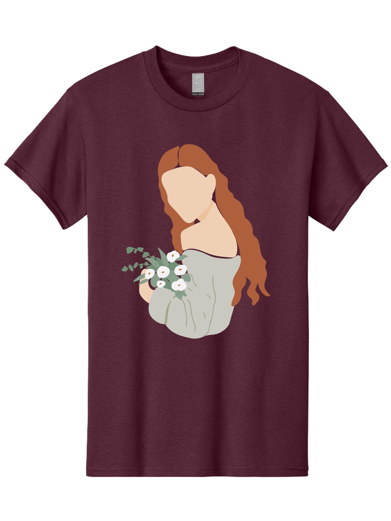 Woman-With-Flowers-1 Men'S Graphic Tee, 100% Cotton, Comfortable Casual Summer Wear, Machine Washable, Woman Holding Flowers, White Flowers, Long Red Hair, Braided Hairstyle, Grey Dress, Elegant, Femininity, Simplicity, Floral Arrangement, Aae073 10