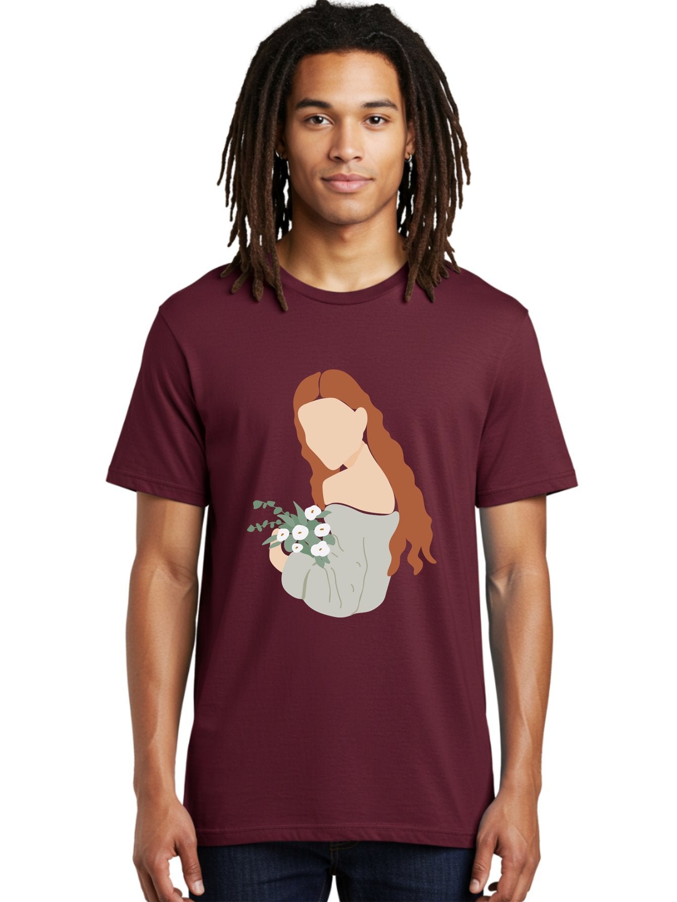 Woman-With-Flowers-1 Men'S Graphic Tee, 100% Cotton, Comfortable Casual Summer Wear, Machine Washable, Woman Holding Flowers, White Flowers, Long Red Hair, Braided Hairstyle, Grey Dress, Elegant, Femininity, Simplicity, Floral Arrangement, Aae073 17