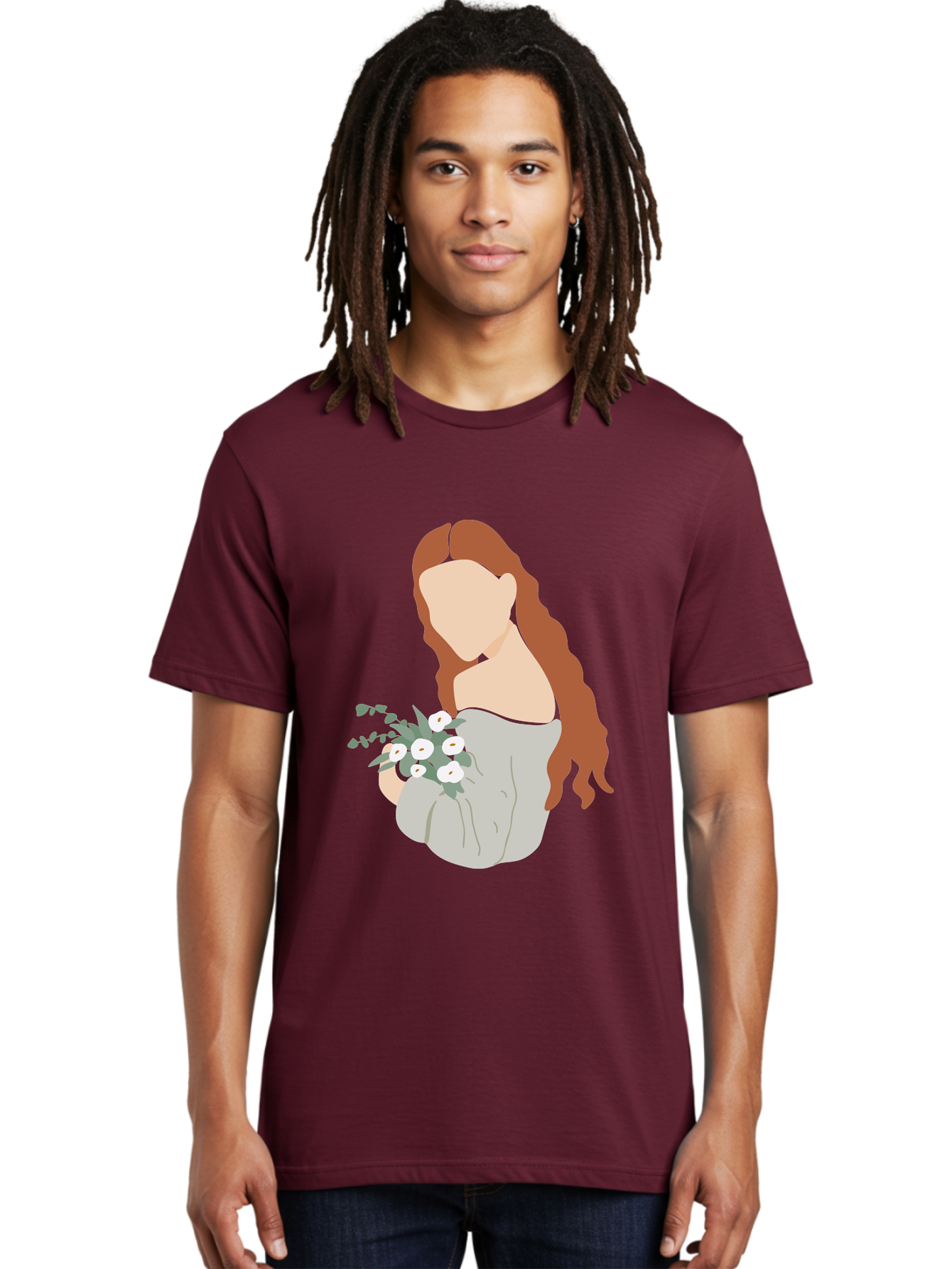 Woman-With-Flowers-1 Men'S Graphic Tee, 100% Cotton, Comfortable Casual Summer Wear, Machine Washable, Woman Holding Flowers, White Flowers, Long Red Hair, Braided Hairstyle, Grey Dress, Elegant, Femininity, Simplicity, Floral Arrangement, Aae073 28