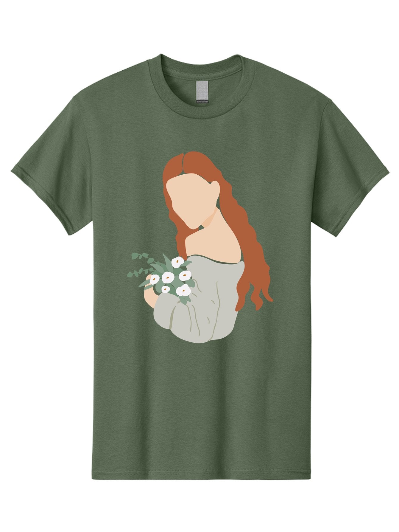 Woman-With-Flowers-1 Men'S Graphic Tee, 100% Cotton, Comfortable Casual Summer Wear, Machine Washable, Woman Holding Flowers, White Flowers, Long Red Hair, Braided Hairstyle, Grey Dress, Elegant, Femininity, Simplicity, Floral Arrangement, Aae073 7
