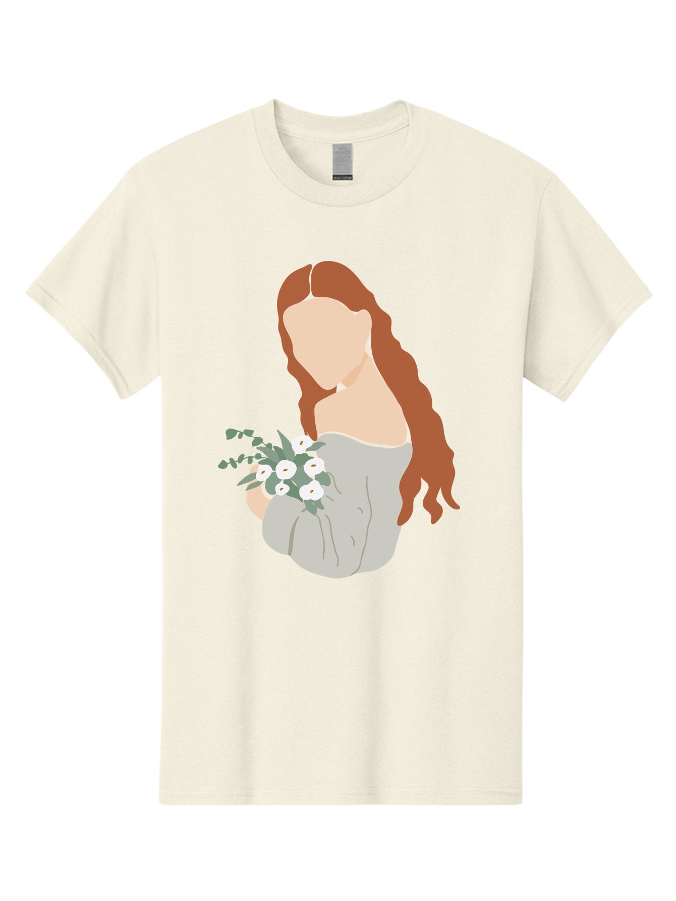 Woman-With-Flowers-1 Men'S Graphic Tee, 100% Cotton, Comfortable Casual Summer Wear, Machine Washable, Woman Holding Flowers, White Flowers, Long Red Hair, Braided Hairstyle, Grey Dress, Elegant, Femininity, Simplicity, Floral Arrangement, Aae073 13