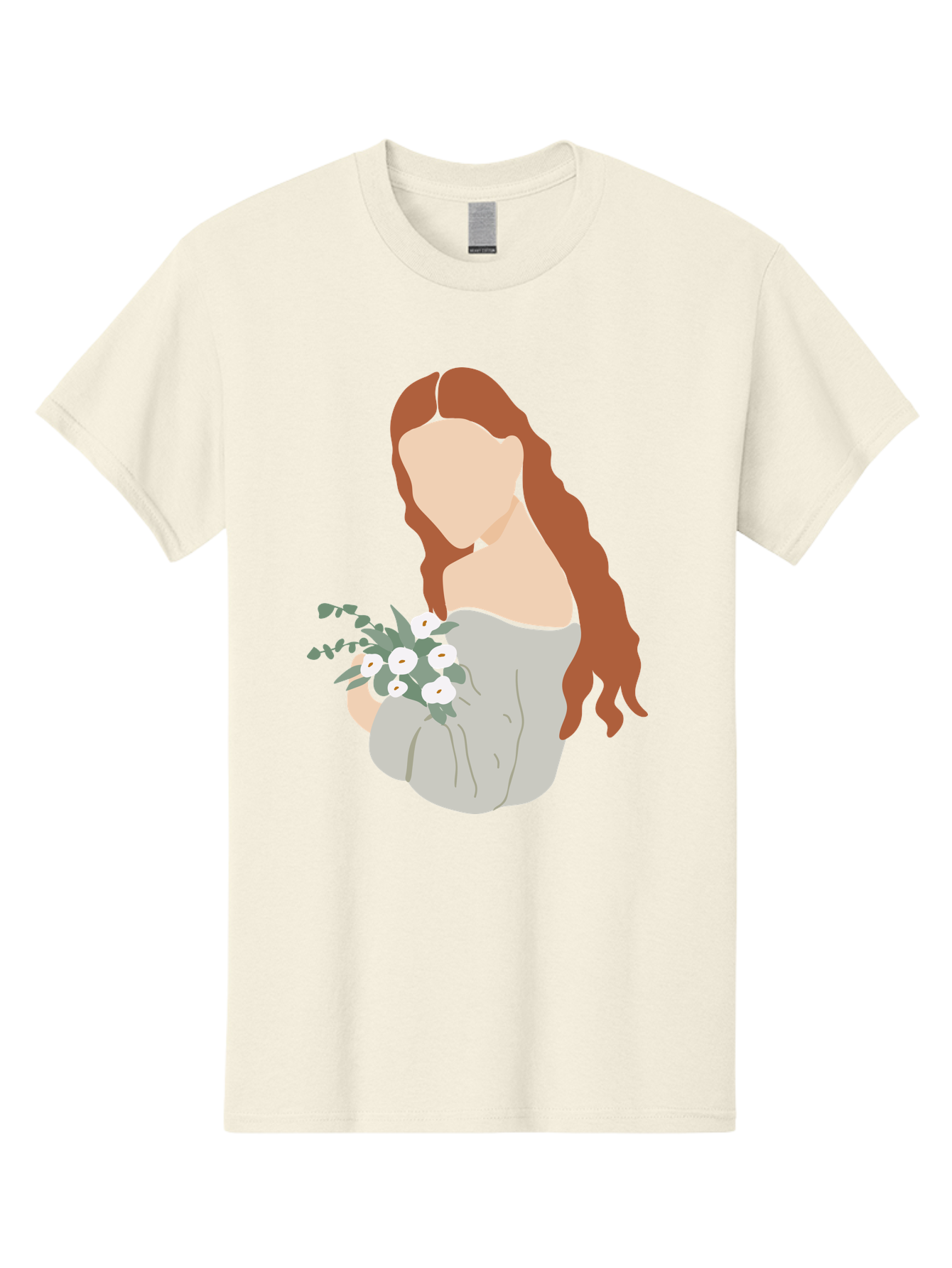 Woman-With-Flowers-1 Men'S Graphic Tee, 100% Cotton, Comfortable Casual Summer Wear, Machine Washable, Woman Holding Flowers, White Flowers, Long Red Hair, Braided Hairstyle, Grey Dress, Elegant, Femininity, Simplicity, Floral Arrangement, Aae073 29