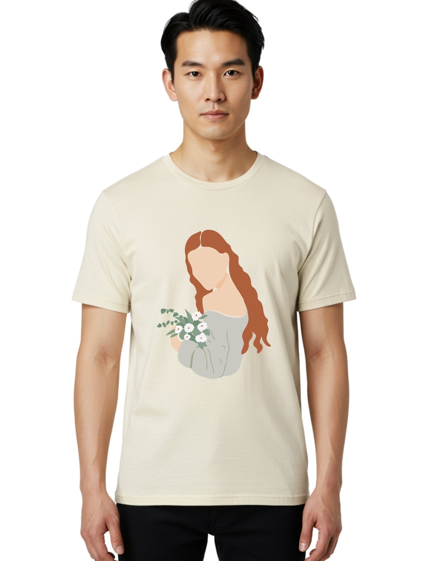 Woman-With-Flowers-1 Men'S Graphic Tee, 100% Cotton, Comfortable Casual Summer Wear, Machine Washable, Woman Holding Flowers, White Flowers, Long Red Hair, Braided Hairstyle, Grey Dress, Elegant, Femininity, Simplicity, Floral Arrangement, Aae073 20