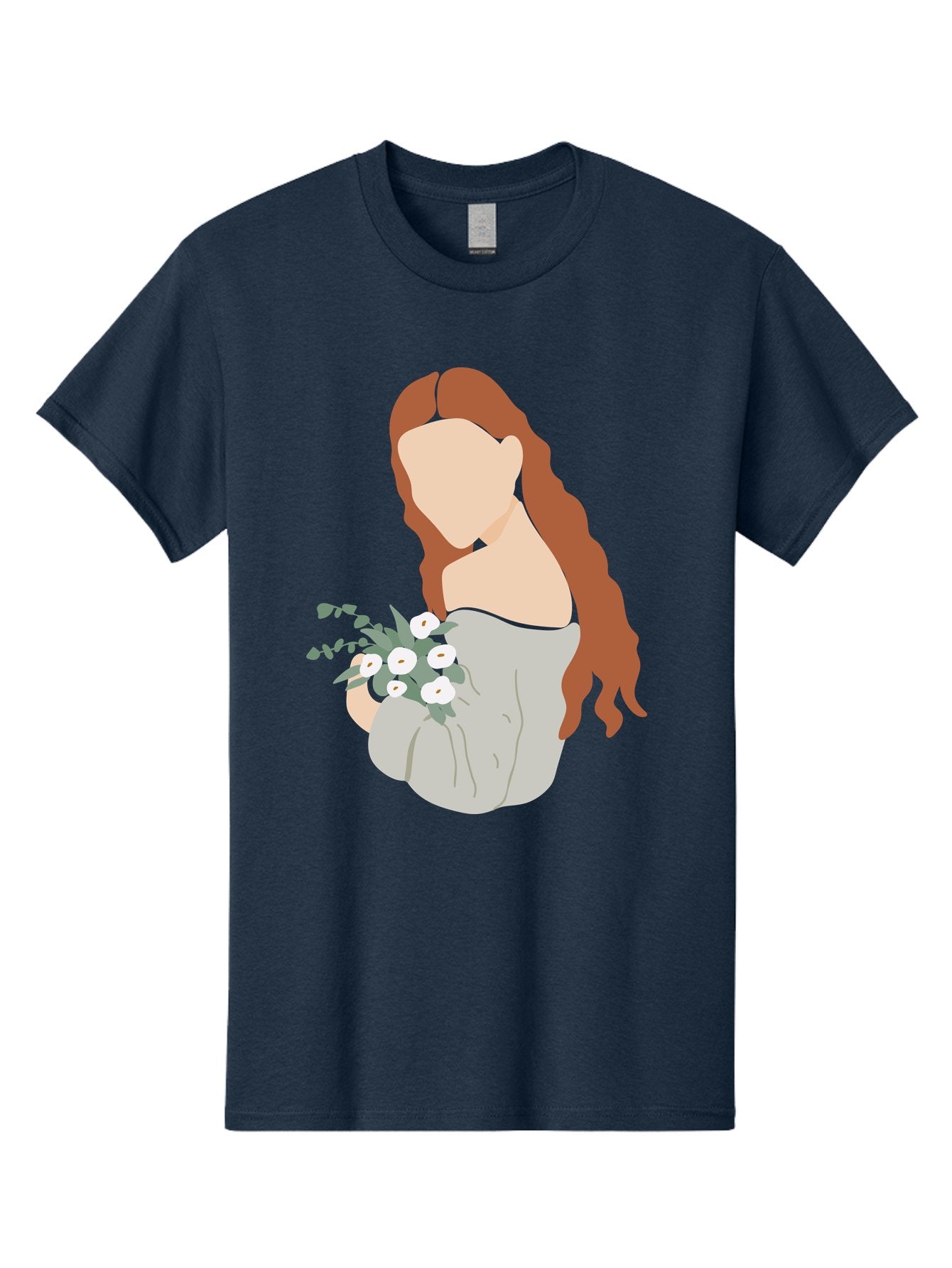 Woman-With-Flowers-1 Men'S Graphic Tee, 100% Cotton, Comfortable Casual Summer Wear, Machine Washable, Woman Holding Flowers, White Flowers, Long Red Hair, Braided Hairstyle, Grey Dress, Elegant, Femininity, Simplicity, Floral Arrangement, Aae073 3