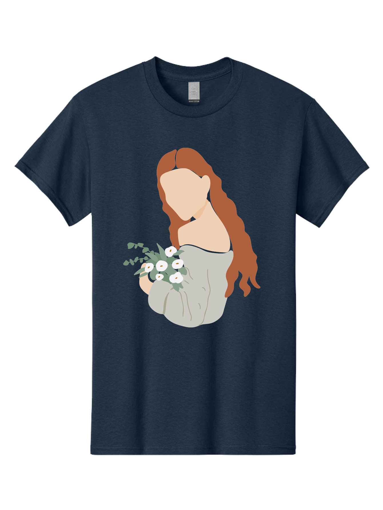 Woman-With-Flowers-1 Men'S Graphic Tee, 100% Cotton, Comfortable Casual Summer Wear, Machine Washable, Woman Holding Flowers, White Flowers, Long Red Hair, Braided Hairstyle, Grey Dress, Elegant, Femininity, Simplicity, Floral Arrangement, Aae073 17