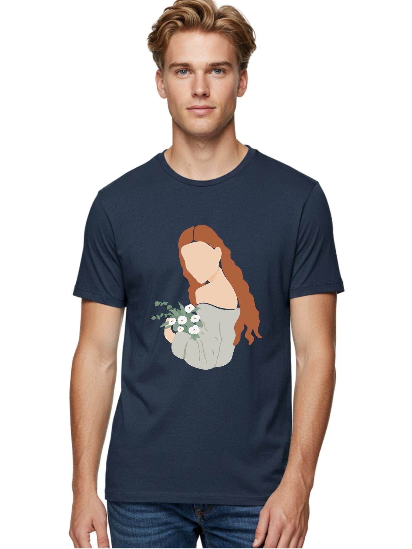 Woman-With-Flowers-1 Men'S Graphic Tee, 100% Cotton, Comfortable Casual Summer Wear, Machine Washable, Woman Holding Flowers, White Flowers, Long Red Hair, Braided Hairstyle, Grey Dress, Elegant, Femininity, Simplicity, Floral Arrangement, Aae073 22
