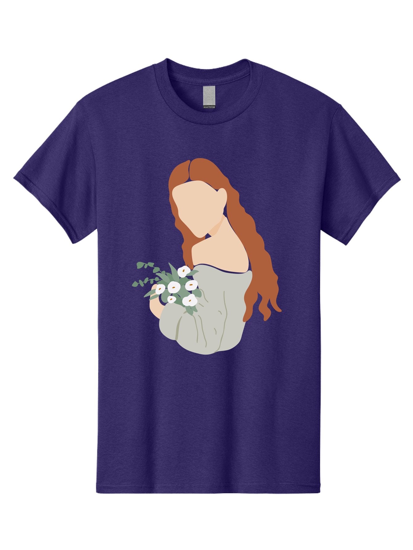 Woman-With-Flowers-1 Men'S Graphic Tee, 100% Cotton, Comfortable Casual Summer Wear, Machine Washable, Woman Holding Flowers, White Flowers, Long Red Hair, Braided Hairstyle, Grey Dress, Elegant, Femininity, Simplicity, Floral Arrangement, Aae073