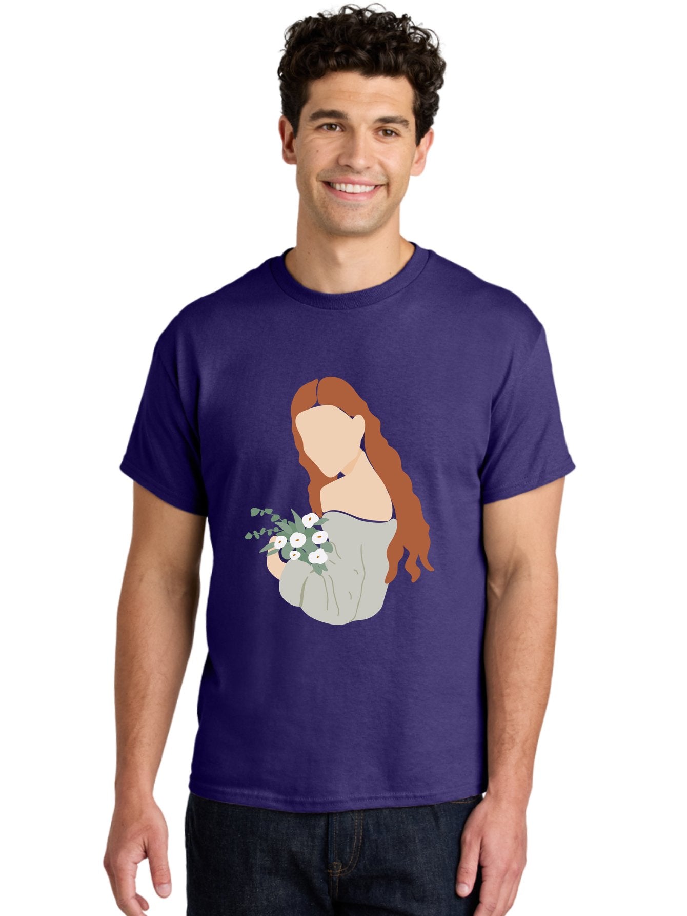 Woman-With-Flowers-1 Men'S Graphic Tee, 100% Cotton, Comfortable Casual Summer Wear, Machine Washable, Woman Holding Flowers, White Flowers, Long Red Hair, Braided Hairstyle, Grey Dress, Elegant, Femininity, Simplicity, Floral Arrangement, Aae073 19