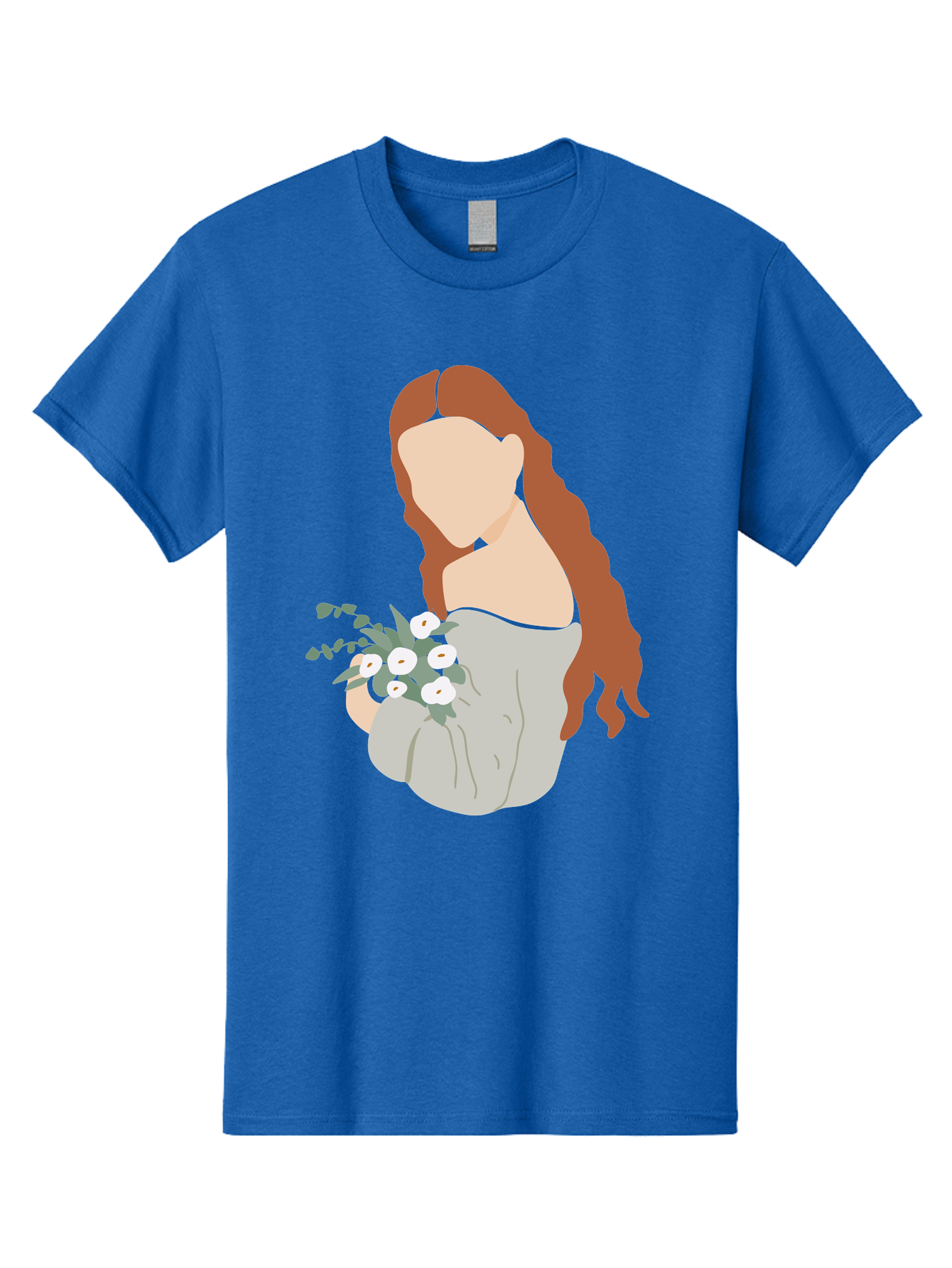 Woman-With-Flowers-1 Men'S Graphic Tee, 100% Cotton, Comfortable Casual Summer Wear, Machine Washable, Woman Holding Flowers, White Flowers, Long Red Hair, Braided Hairstyle, Grey Dress, Elegant, Femininity, Simplicity, Floral Arrangement, Aae073 11