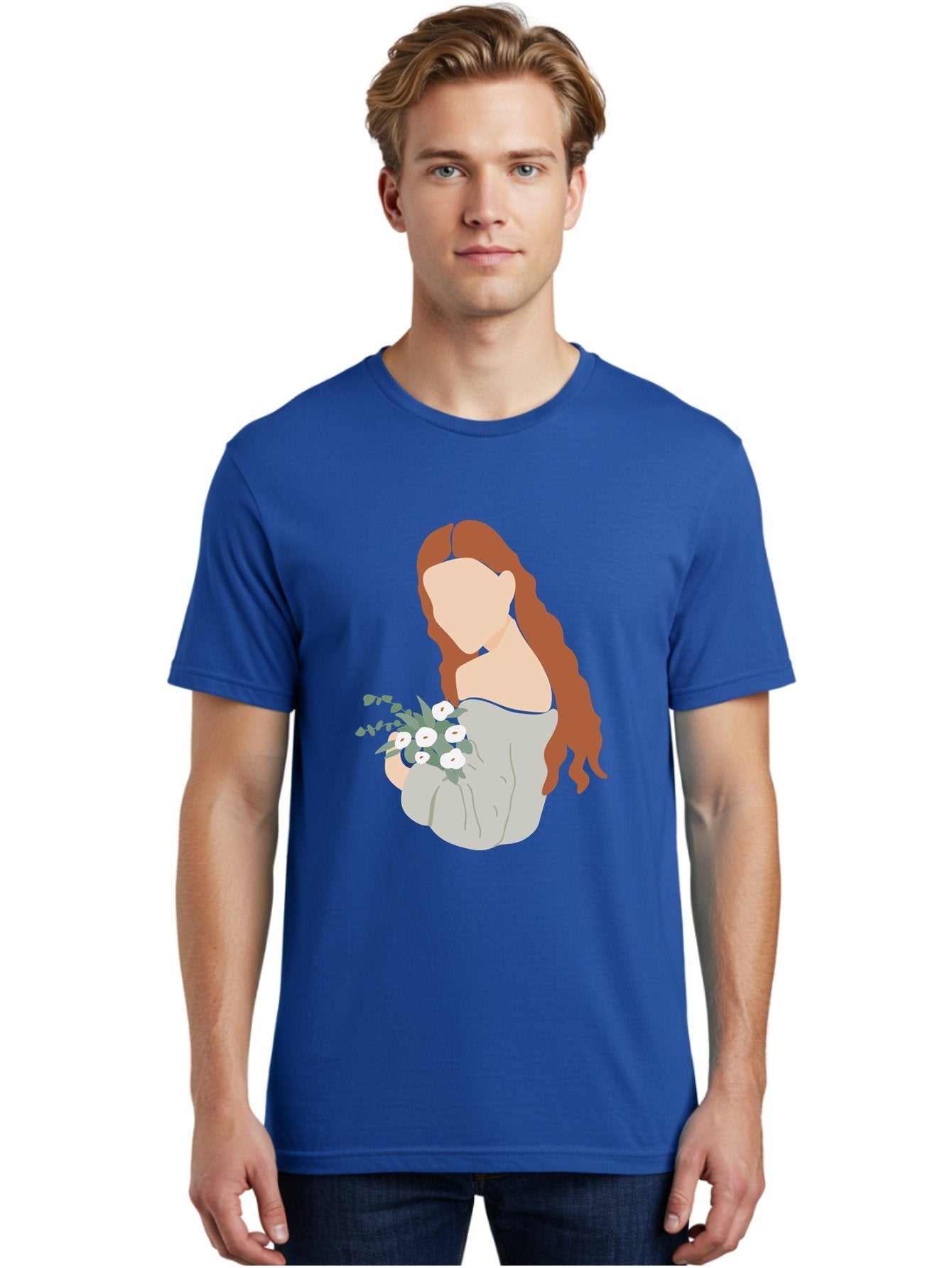 Woman-With-Flowers-1 Men'S Graphic Tee, 100% Cotton, Comfortable Casual Summer Wear, Machine Washable, Woman Holding Flowers, White Flowers, Long Red Hair, Braided Hairstyle, Grey Dress, Elegant, Femininity, Simplicity, Floral Arrangement, Aae073 25