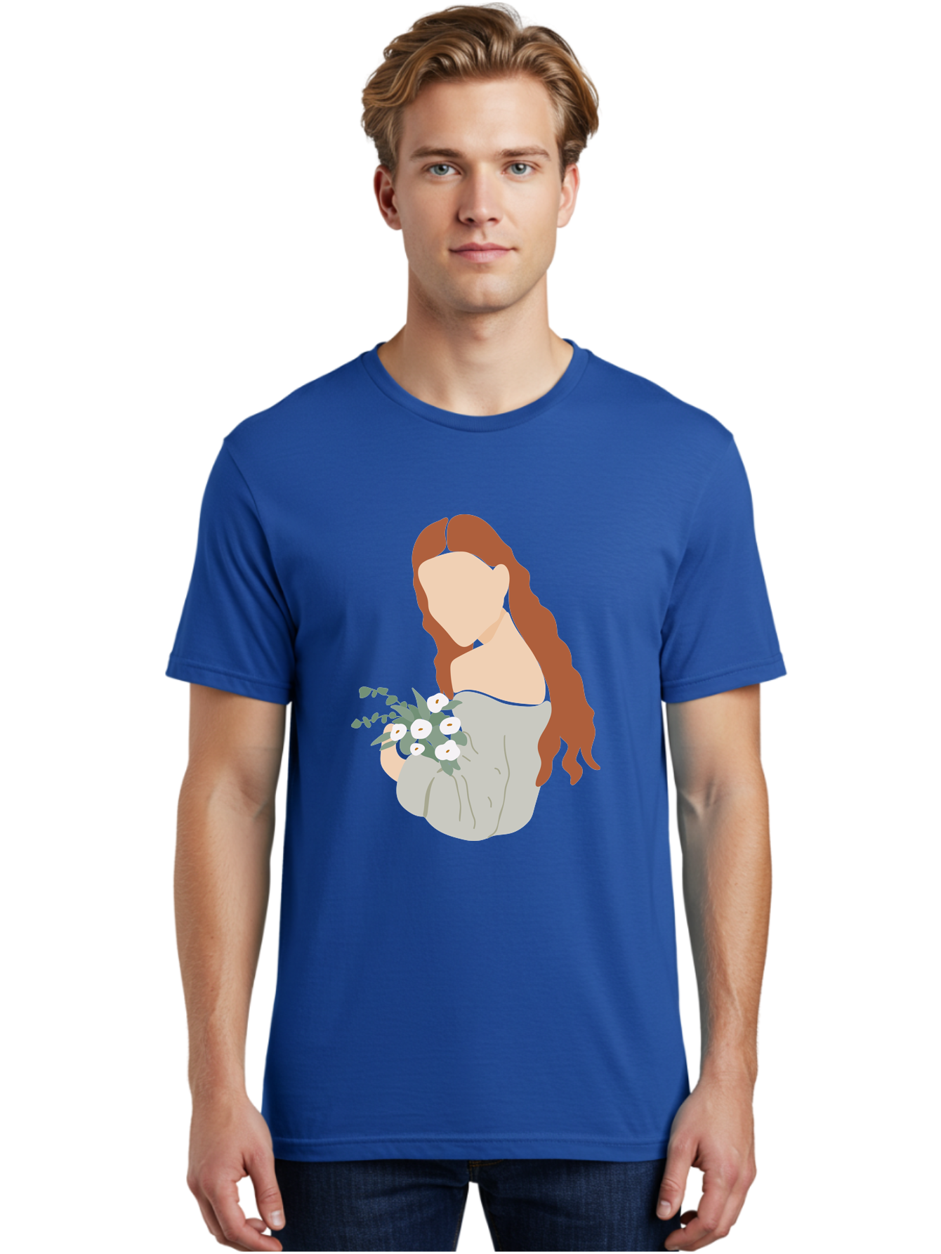 Woman-With-Flowers-1 Men'S Graphic Tee, 100% Cotton, Comfortable Casual Summer Wear, Machine Washable, Woman Holding Flowers, White Flowers, Long Red Hair, Braided Hairstyle, Grey Dress, Elegant, Femininity, Simplicity, Floral Arrangement, Aae073 12