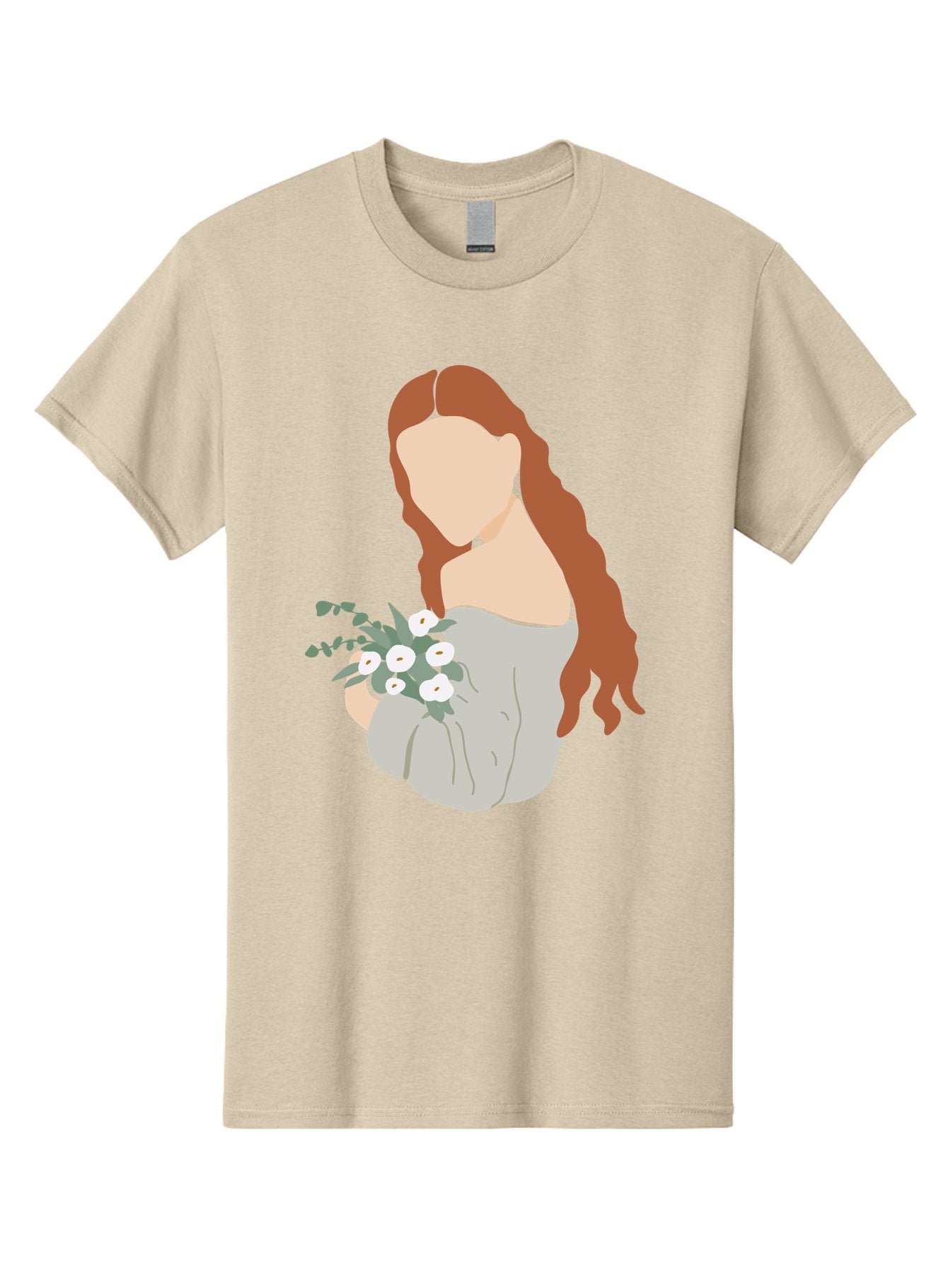 Woman-With-Flowers-1 Men'S Graphic Tee, 100% Cotton, Comfortable Casual Summer Wear, Machine Washable, Woman Holding Flowers, White Flowers, Long Red Hair, Braided Hairstyle, Grey Dress, Elegant, Femininity, Simplicity, Floral Arrangement, Aae073 6