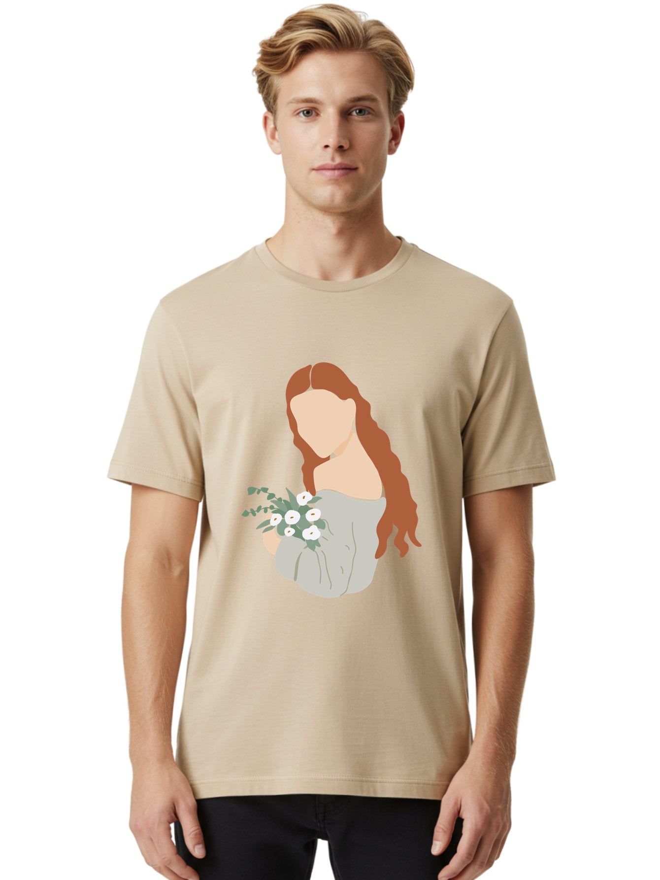 Woman-With-Flowers-1 Men'S Graphic Tee, 100% Cotton, Comfortable Casual Summer Wear, Machine Washable, Woman Holding Flowers, White Flowers, Long Red Hair, Braided Hairstyle, Grey Dress, Elegant, Femininity, Simplicity, Floral Arrangement, Aae073 24