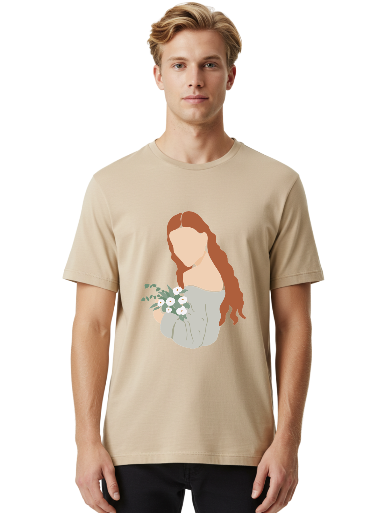Woman-With-Flowers-1 Men'S Graphic Tee, 100% Cotton, Comfortable Casual Summer Wear, Machine Washable, Woman Holding Flowers, White Flowers, Long Red Hair, Braided Hairstyle, Grey Dress, Elegant, Femininity, Simplicity, Floral Arrangement, Aae073 14