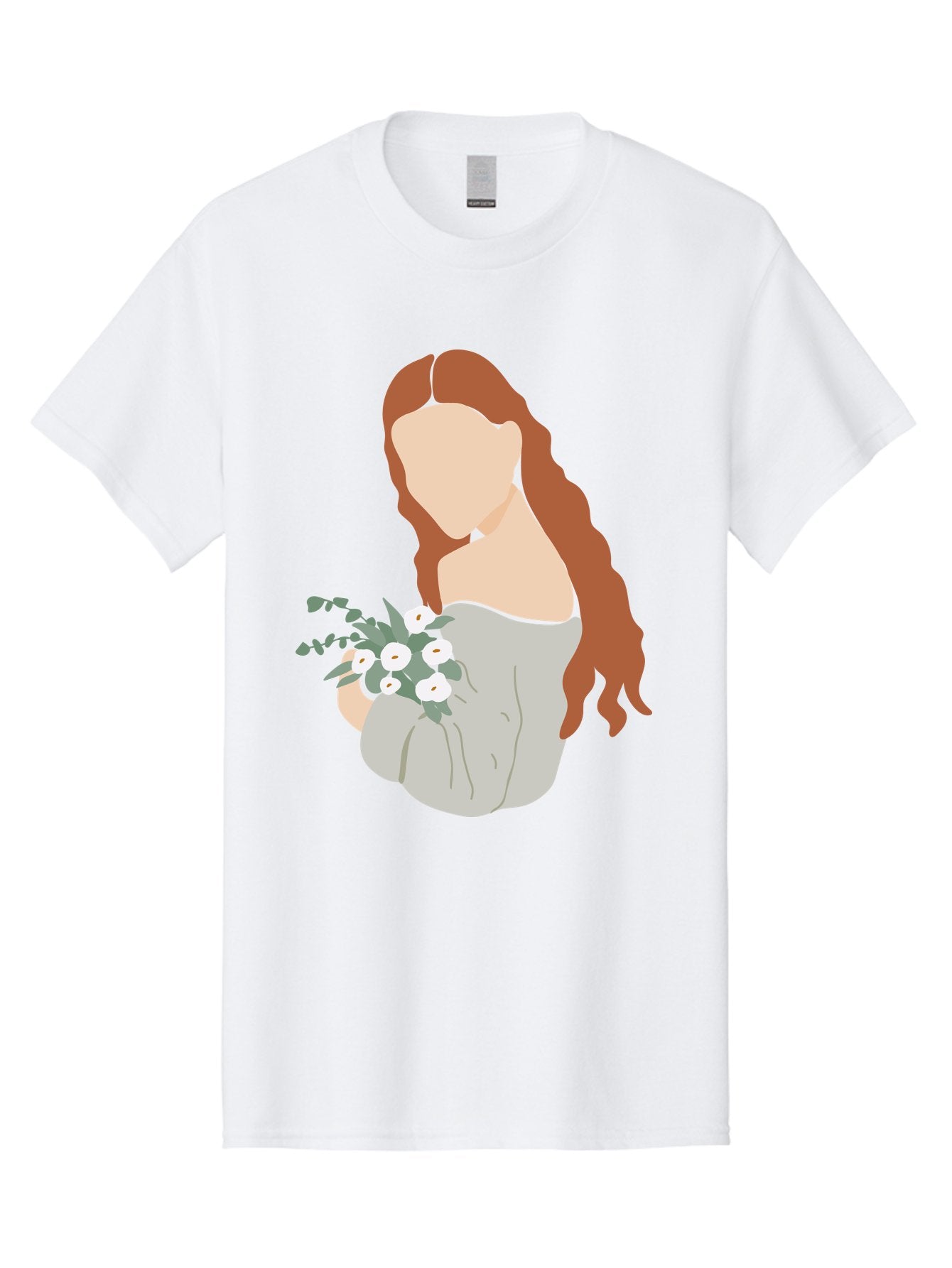 Woman-With-Flowers-1 Men'S Graphic Tee, 100% Cotton, Comfortable Casual Summer Wear, Machine Washable, Woman Holding Flowers, White Flowers, Long Red Hair, Braided Hairstyle, Grey Dress, Elegant, Femininity, Simplicity, Floral Arrangement, Aae073 9