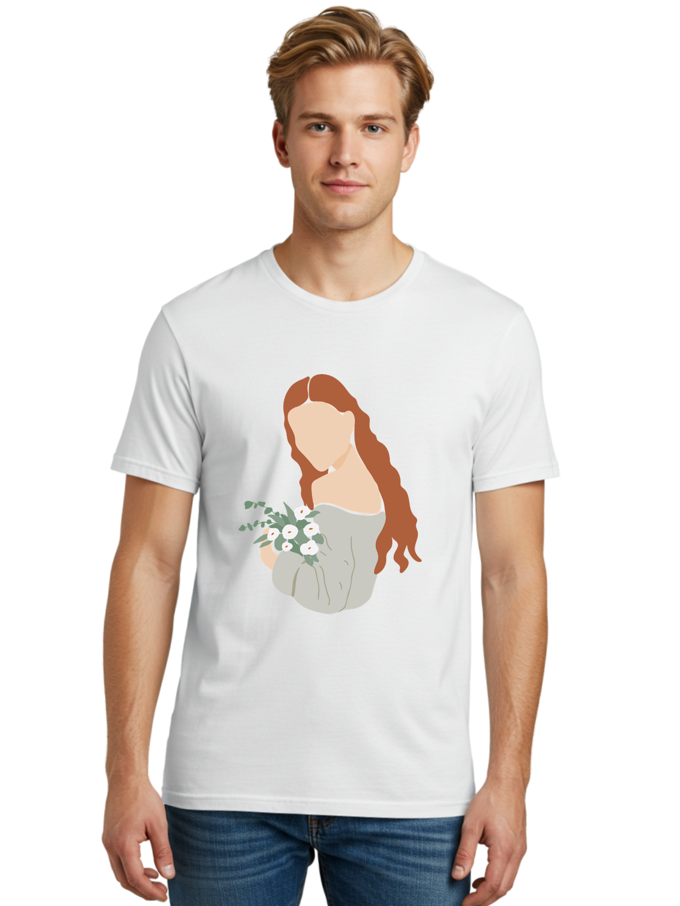 Woman-With-Flowers-1 Men'S Graphic Tee, 100% Cotton, Comfortable Casual Summer Wear, Machine Washable, Woman Holding Flowers, White Flowers, Long Red Hair, Braided Hairstyle, Grey Dress, Elegant, Femininity, Simplicity, Floral Arrangement, Aae073 10