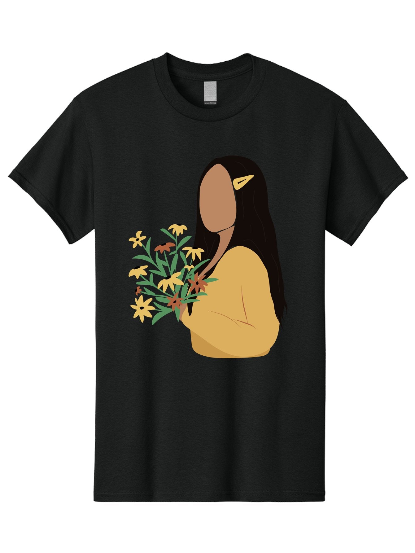 Woman-With-Flowers Men'S Graphic Tee, 100% Cotton, Comfortable Casual Summer Wear, Machine Washable, Woman Holding Flowers, Simple Illustration, Minimalist Design, Yellow Flowers, Long Black Hair, Yellow Shirt, Elegance, Simplicity, Aae074 6