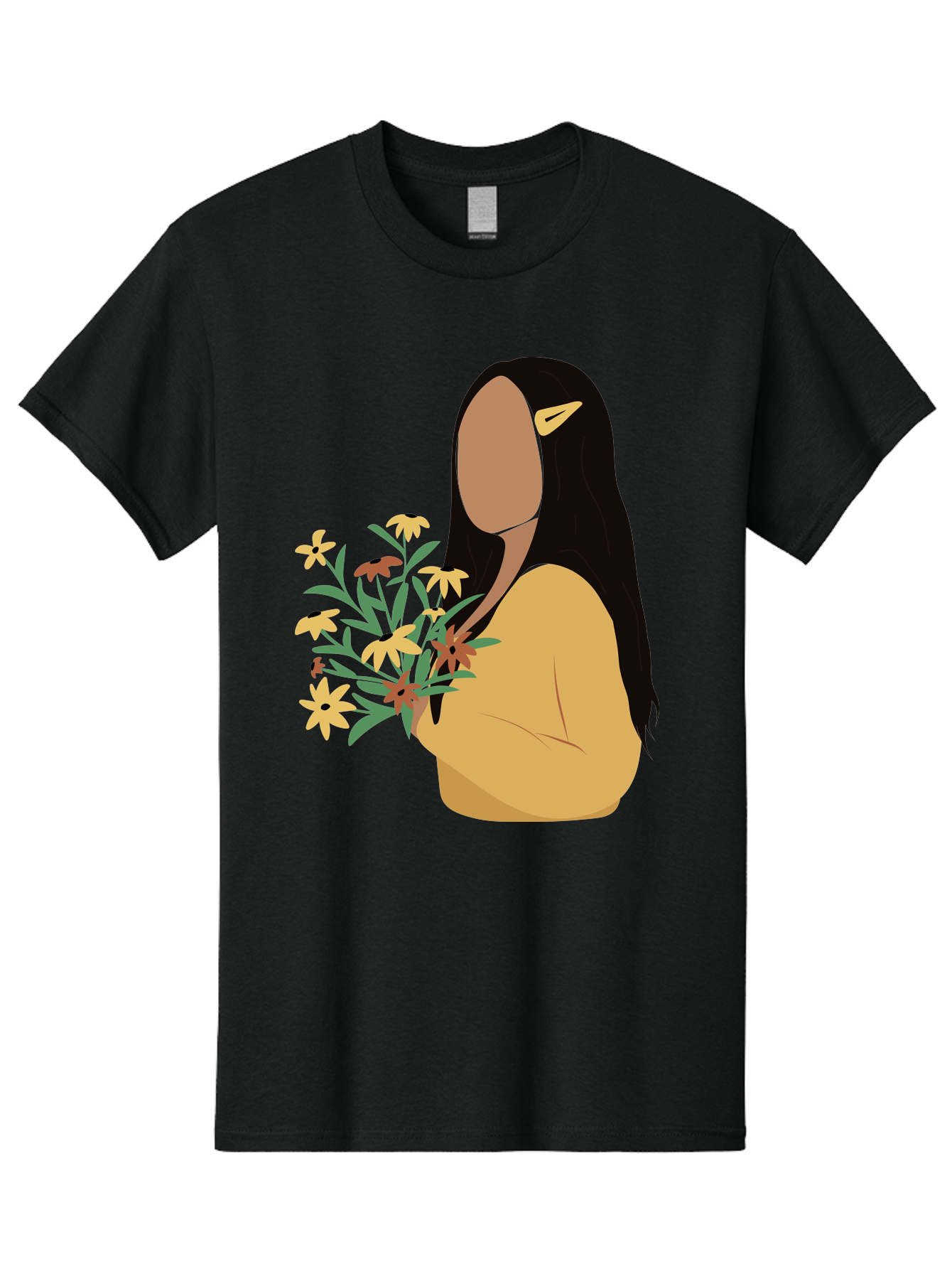 Woman-With-Flowers Men'S Graphic Tee, 100% Cotton, Comfortable Casual Summer Wear, Machine Washable, Woman Holding Flowers, Simple Illustration, Minimalist Design, Yellow Flowers, Long Black Hair, Yellow Shirt, Elegance, Simplicity, Aae074 13