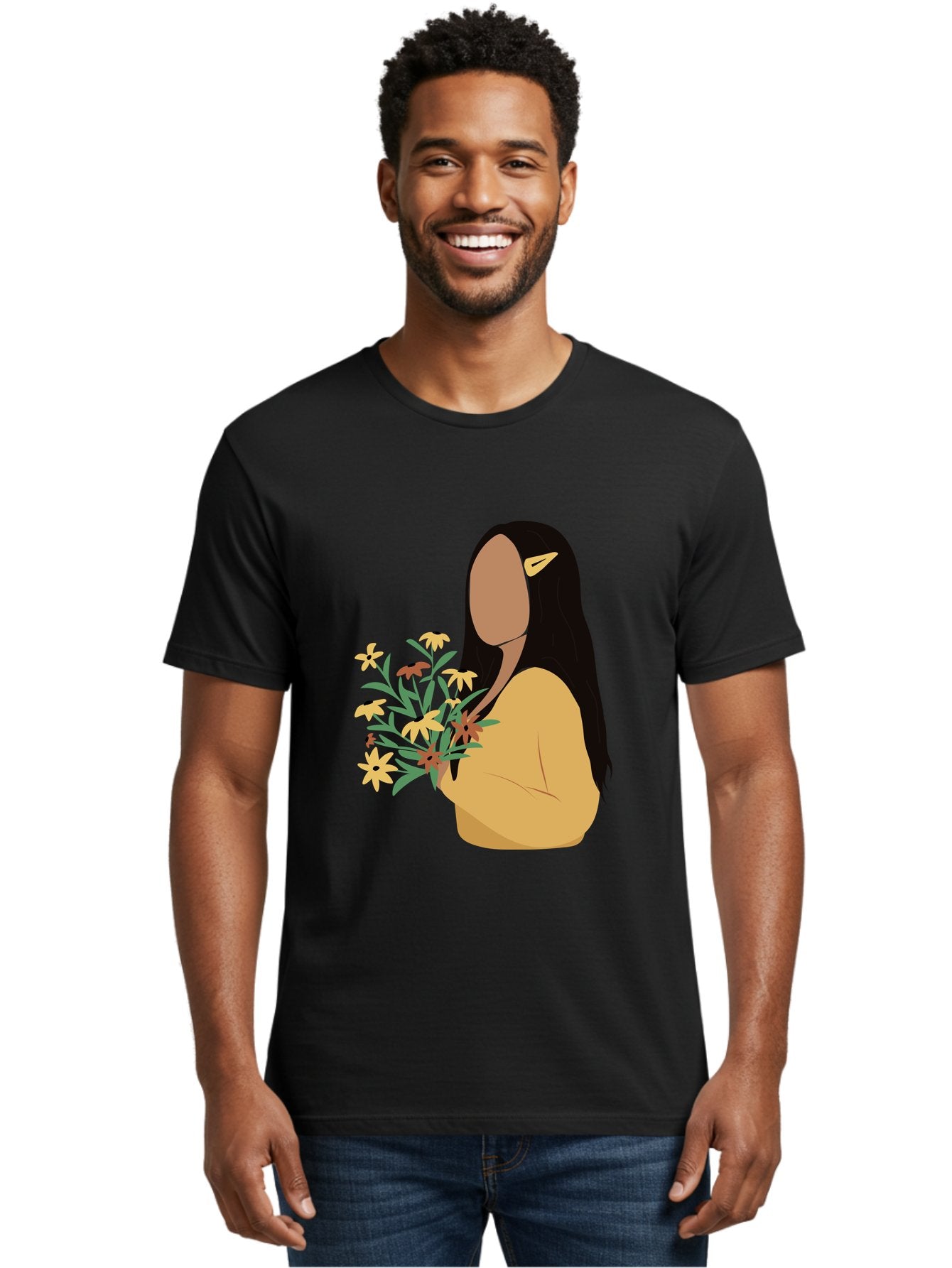 Woman-With-Flowers Men'S Graphic Tee, 100% Cotton, Comfortable Casual Summer Wear, Machine Washable, Woman Holding Flowers, Simple Illustration, Minimalist Design, Yellow Flowers, Long Black Hair, Yellow Shirt, Elegance, Simplicity, Aae074 24