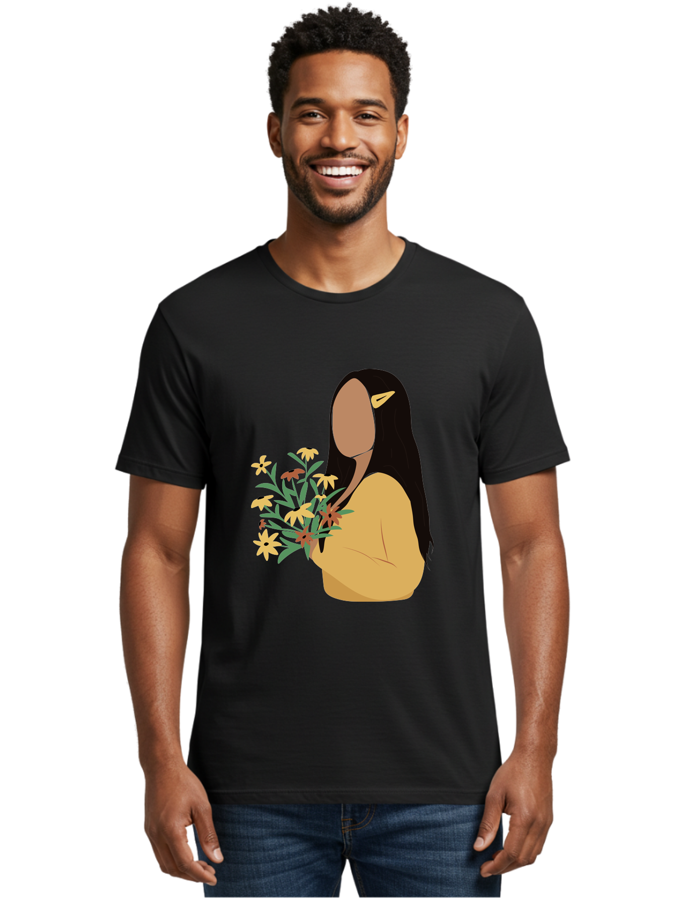 Woman-With-Flowers Men'S Graphic Tee, 100% Cotton, Comfortable Casual Summer Wear, Machine Washable, Woman Holding Flowers, Simple Illustration, Minimalist Design, Yellow Flowers, Long Black Hair, Yellow Shirt, Elegance, Simplicity, Aae074 14