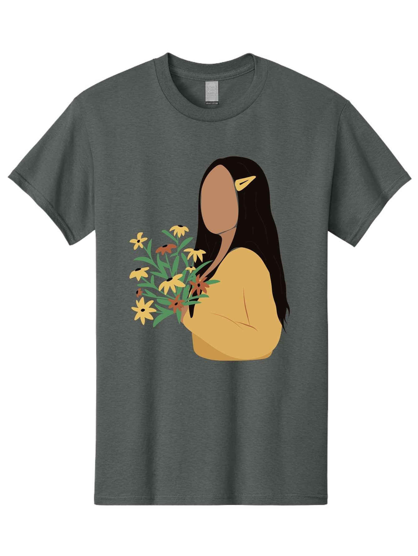 Woman-With-Flowers Men'S Graphic Tee, 100% Cotton, Comfortable Casual Summer Wear, Machine Washable, Woman Holding Flowers, Simple Illustration, Minimalist Design, Yellow Flowers, Long Black Hair, Yellow Shirt, Elegance, Simplicity, Aae074 8