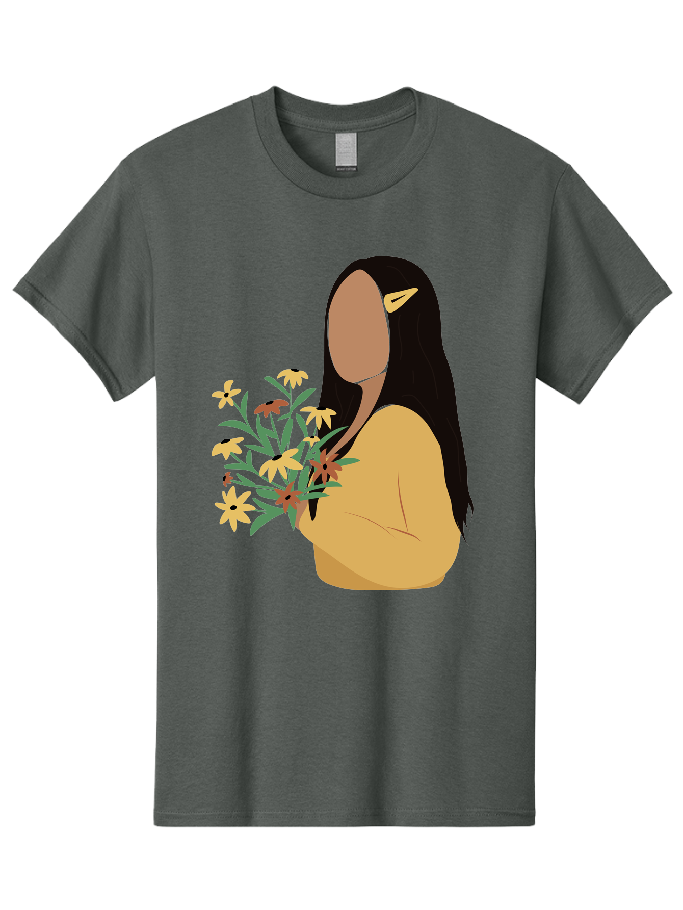 Woman-With-Flowers Men'S Graphic Tee, 100% Cotton, Comfortable Casual Summer Wear, Machine Washable, Woman Holding Flowers, Simple Illustration, Minimalist Design, Yellow Flowers, Long Black Hair, Yellow Shirt, Elegance, Simplicity, Aae074 11