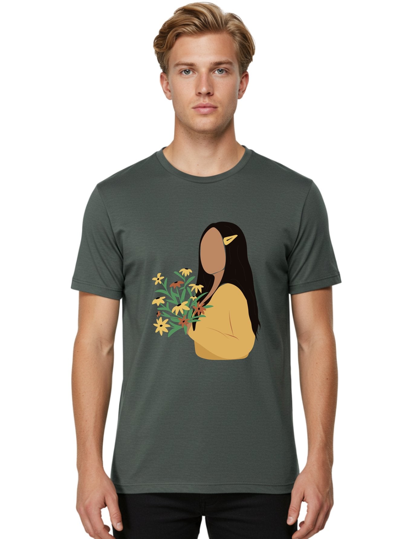 Woman-With-Flowers Men'S Graphic Tee, 100% Cotton, Comfortable Casual Summer Wear, Machine Washable, Woman Holding Flowers, Simple Illustration, Minimalist Design, Yellow Flowers, Long Black Hair, Yellow Shirt, Elegance, Simplicity, Aae074 25