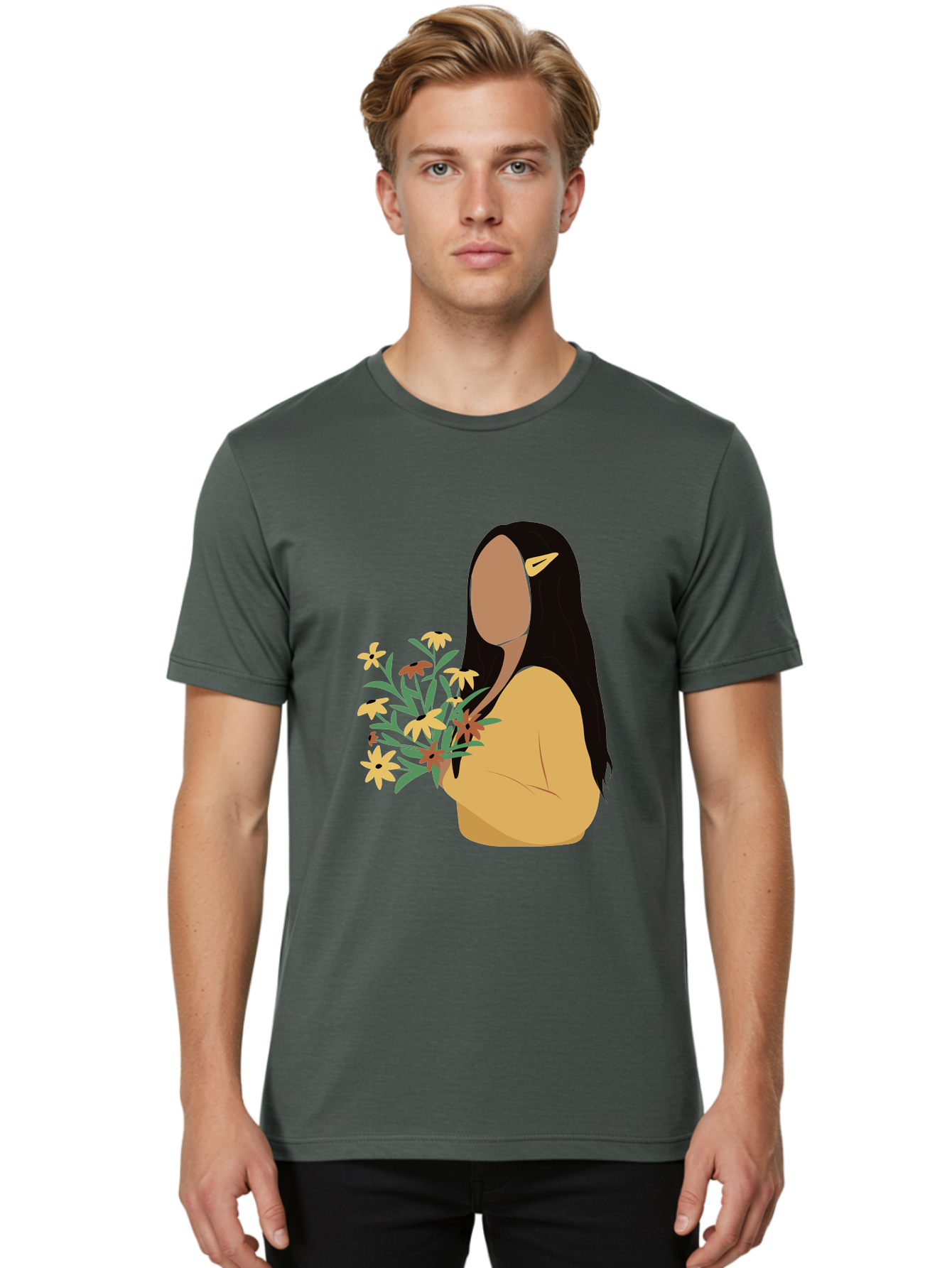 Woman-With-Flowers Men'S Graphic Tee, 100% Cotton, Comfortable Casual Summer Wear, Machine Washable, Woman Holding Flowers, Simple Illustration, Minimalist Design, Yellow Flowers, Long Black Hair, Yellow Shirt, Elegance, Simplicity, Aae074 12