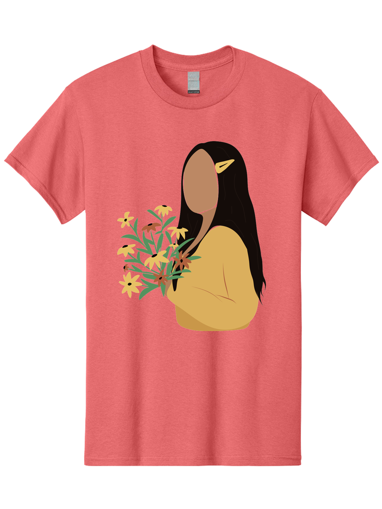 Woman-With-Flowers Men'S Graphic Tee, 100% Cotton, Comfortable Casual Summer Wear, Machine Washable, Woman Holding Flowers, Simple Illustration, Minimalist Design, Yellow Flowers, Long Black Hair, Yellow Shirt, Elegance, Simplicity, Aae074