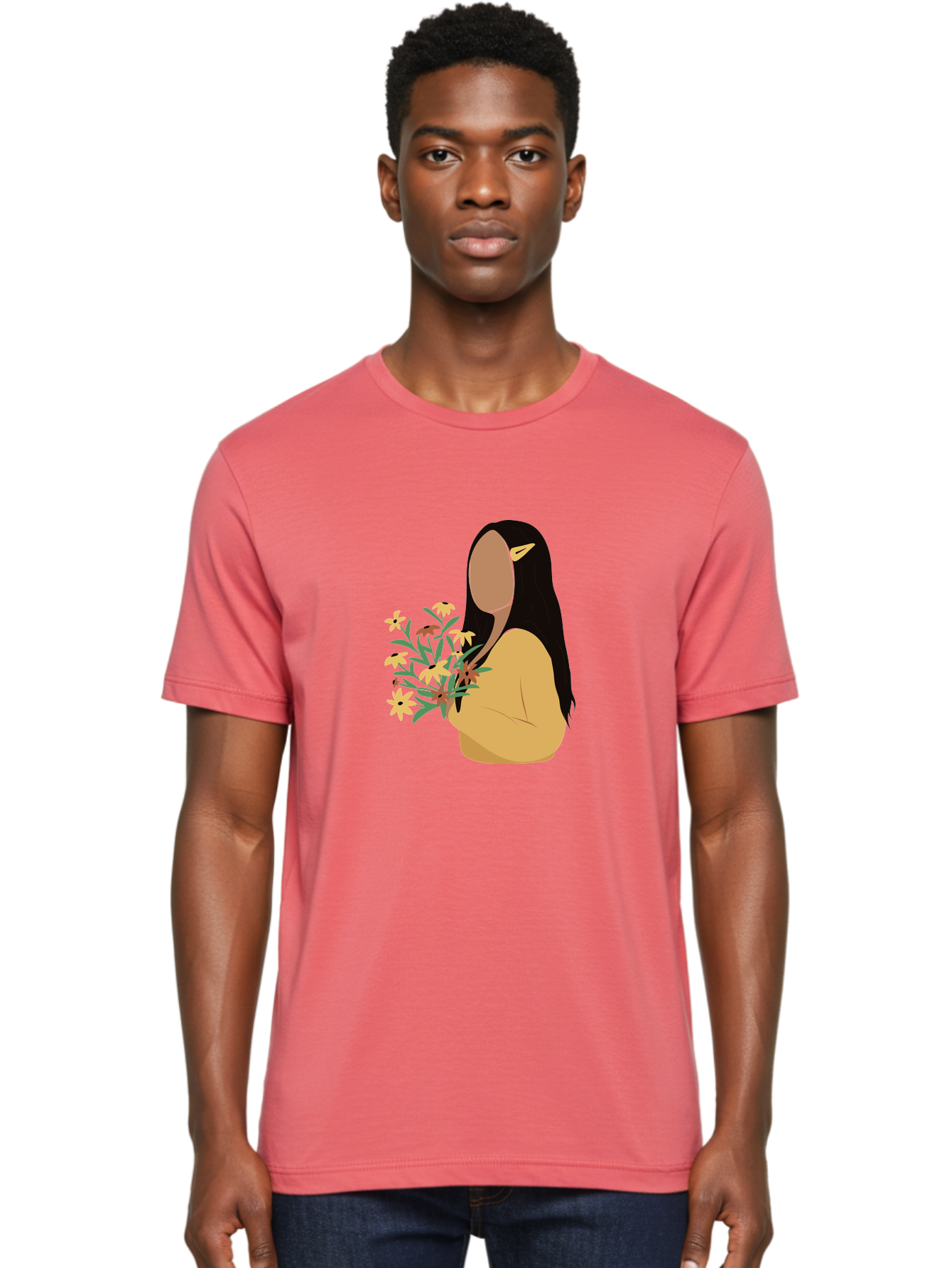 Woman-With-Flowers Men'S Graphic Tee, 100% Cotton, Comfortable Casual Summer Wear, Machine Washable, Woman Holding Flowers, Simple Illustration, Minimalist Design, Yellow Flowers, Long Black Hair, Yellow Shirt, Elegance, Simplicity, Aae074