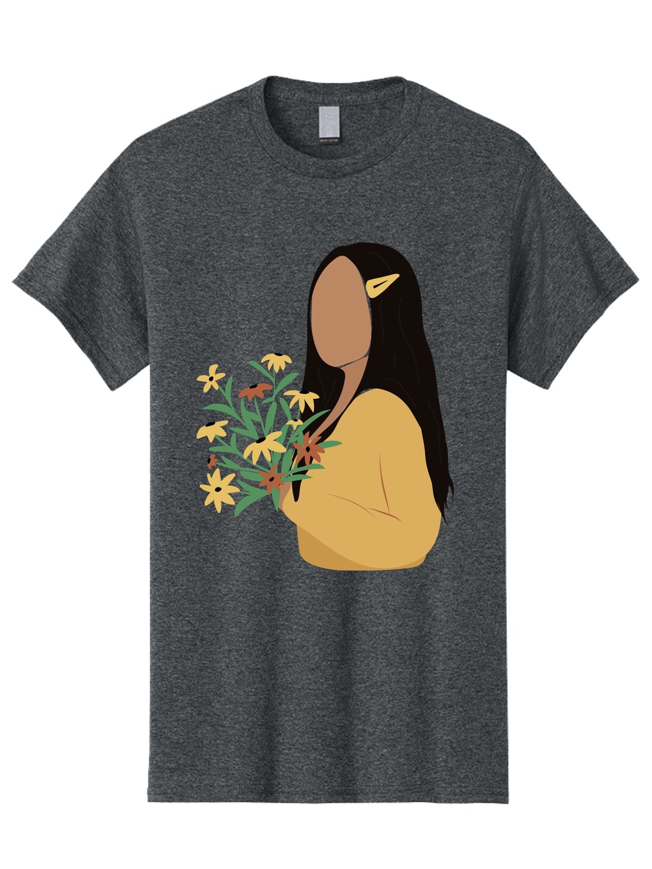 Woman-With-Flowers Men'S Graphic Tee, 100% Cotton, Comfortable Casual Summer Wear, Machine Washable, Woman Holding Flowers, Simple Illustration, Minimalist Design, Yellow Flowers, Long Black Hair, Yellow Shirt, Elegance, Simplicity, Aae074 14