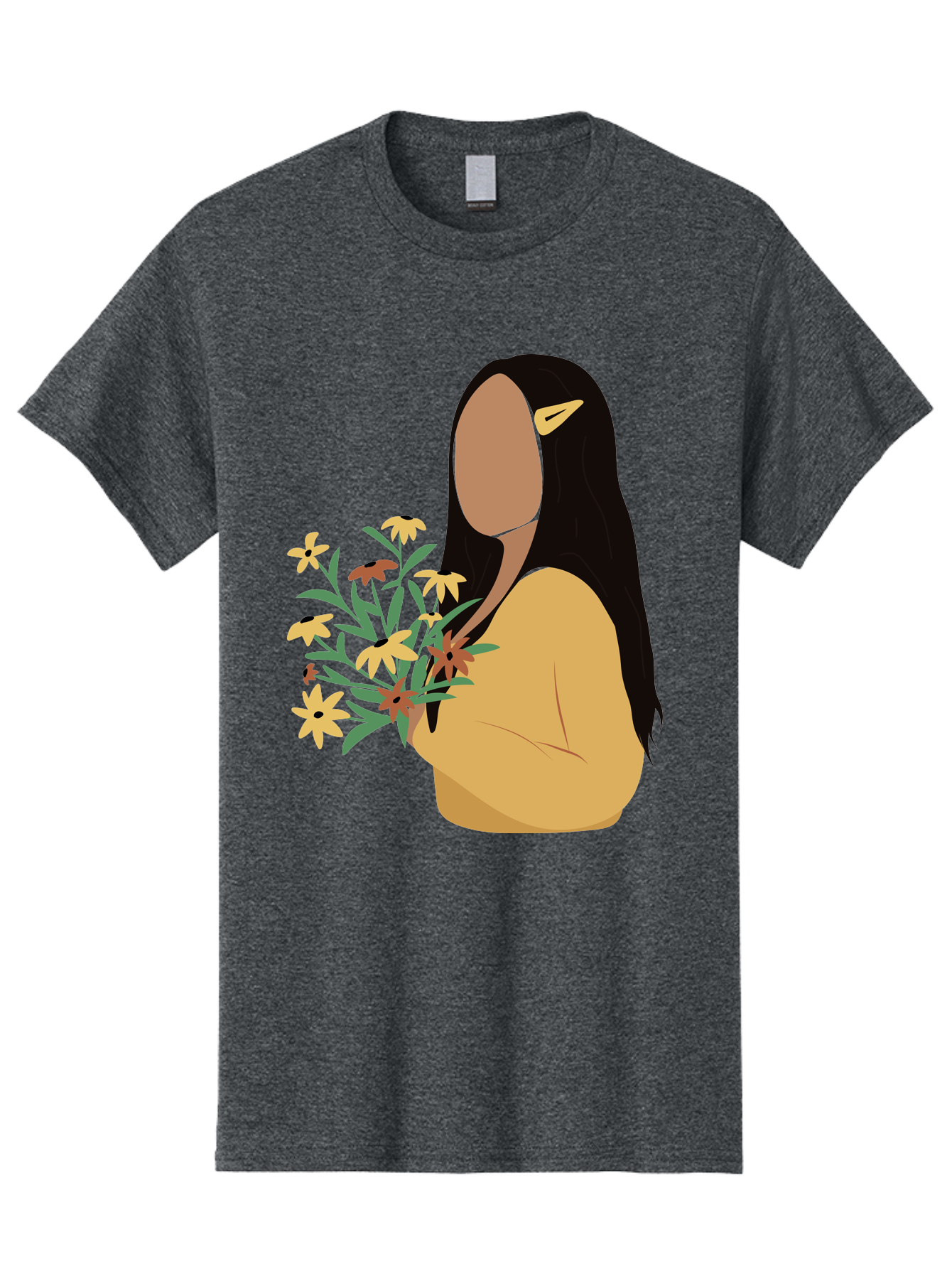 Woman-With-Flowers Men'S Graphic Tee, 100% Cotton, Comfortable Casual Summer Wear, Machine Washable, Woman Holding Flowers, Simple Illustration, Minimalist Design, Yellow Flowers, Long Black Hair, Yellow Shirt, Elegance, Simplicity, Aae074 3