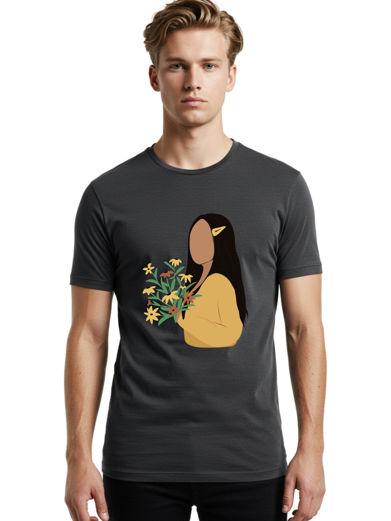 Woman-With-Flowers Men'S Graphic Tee, 100% Cotton, Comfortable Casual Summer Wear, Machine Washable, Woman Holding Flowers, Simple Illustration, Minimalist Design, Yellow Flowers, Long Black Hair, Yellow Shirt, Elegance, Simplicity, Aae074 29
