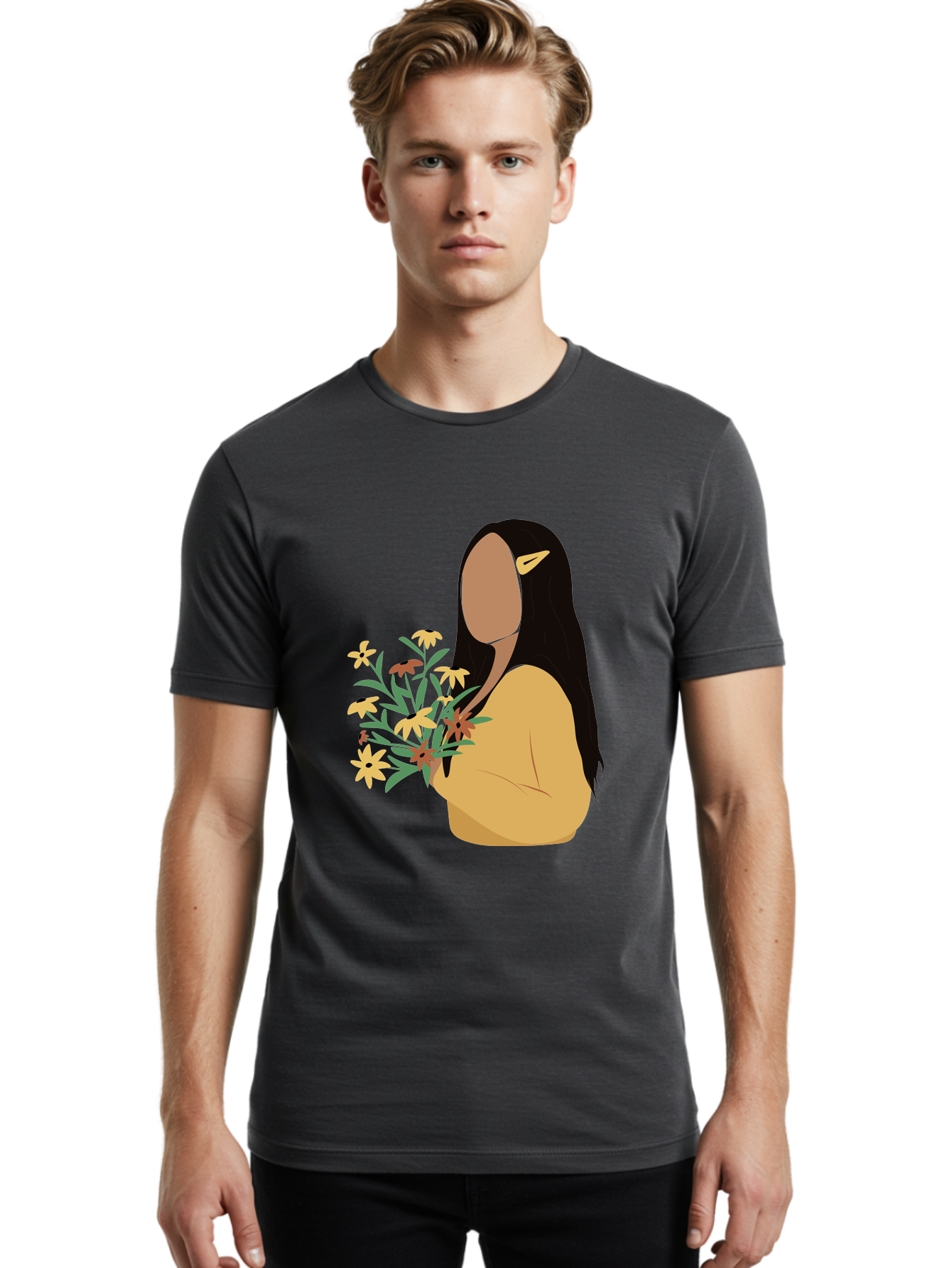 Woman-With-Flowers Men'S Graphic Tee, 100% Cotton, Comfortable Casual Summer Wear, Machine Washable, Woman Holding Flowers, Simple Illustration, Minimalist Design, Yellow Flowers, Long Black Hair, Yellow Shirt, Elegance, Simplicity, Aae074 4