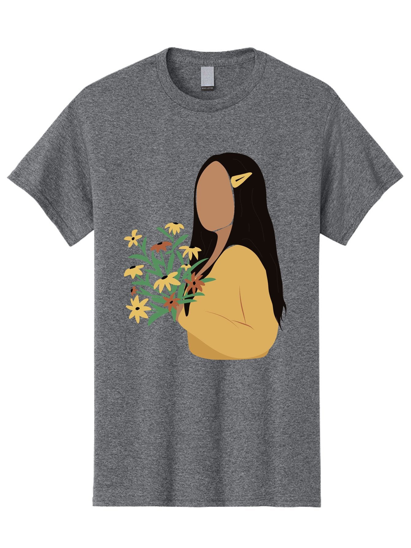 Woman-With-Flowers Men'S Graphic Tee, 100% Cotton, Comfortable Casual Summer Wear, Machine Washable, Woman Holding Flowers, Simple Illustration, Minimalist Design, Yellow Flowers, Long Black Hair, Yellow Shirt, Elegance, Simplicity, Aae074