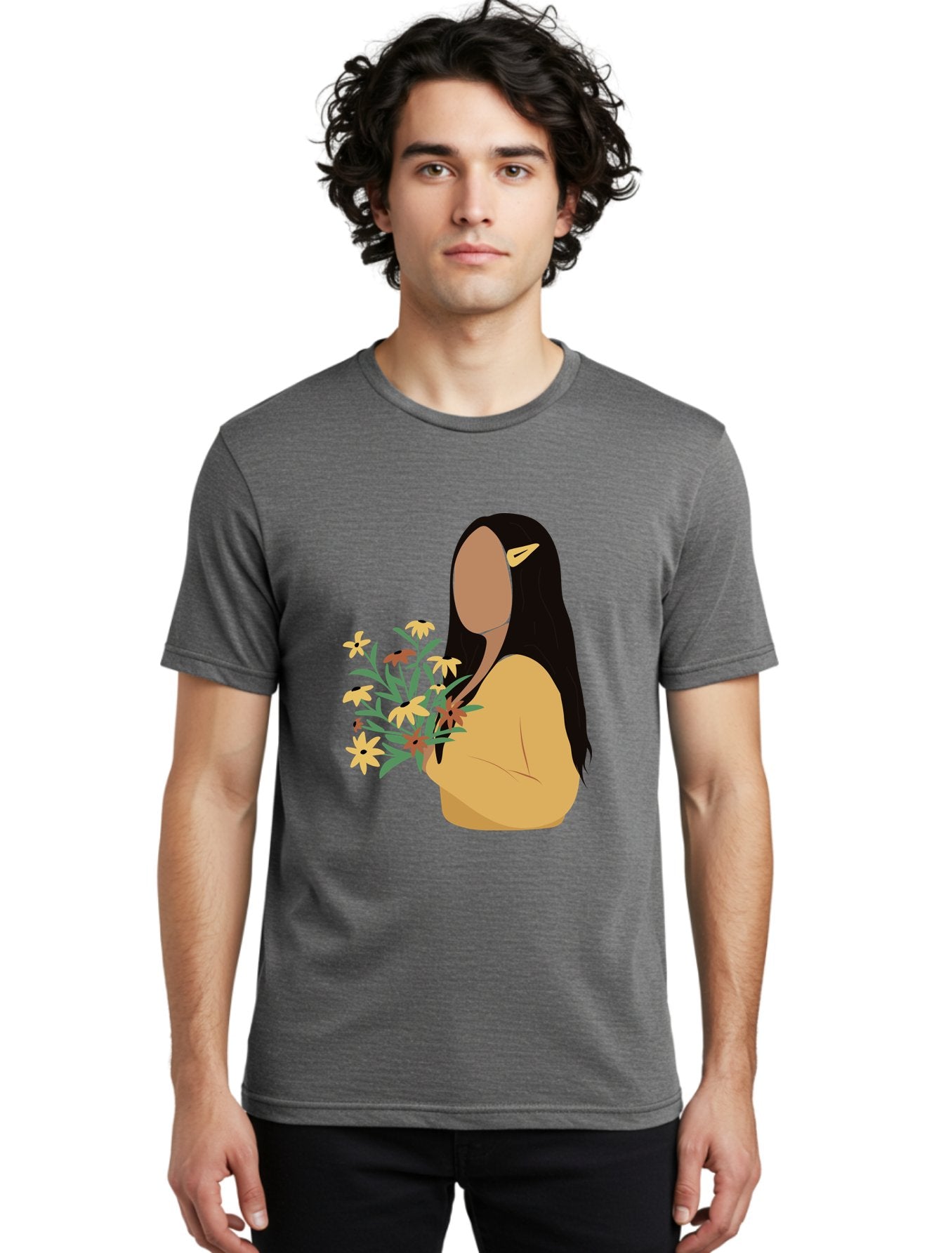 Woman-With-Flowers Men'S Graphic Tee, 100% Cotton, Comfortable Casual Summer Wear, Machine Washable, Woman Holding Flowers, Simple Illustration, Minimalist Design, Yellow Flowers, Long Black Hair, Yellow Shirt, Elegance, Simplicity, Aae074 21
