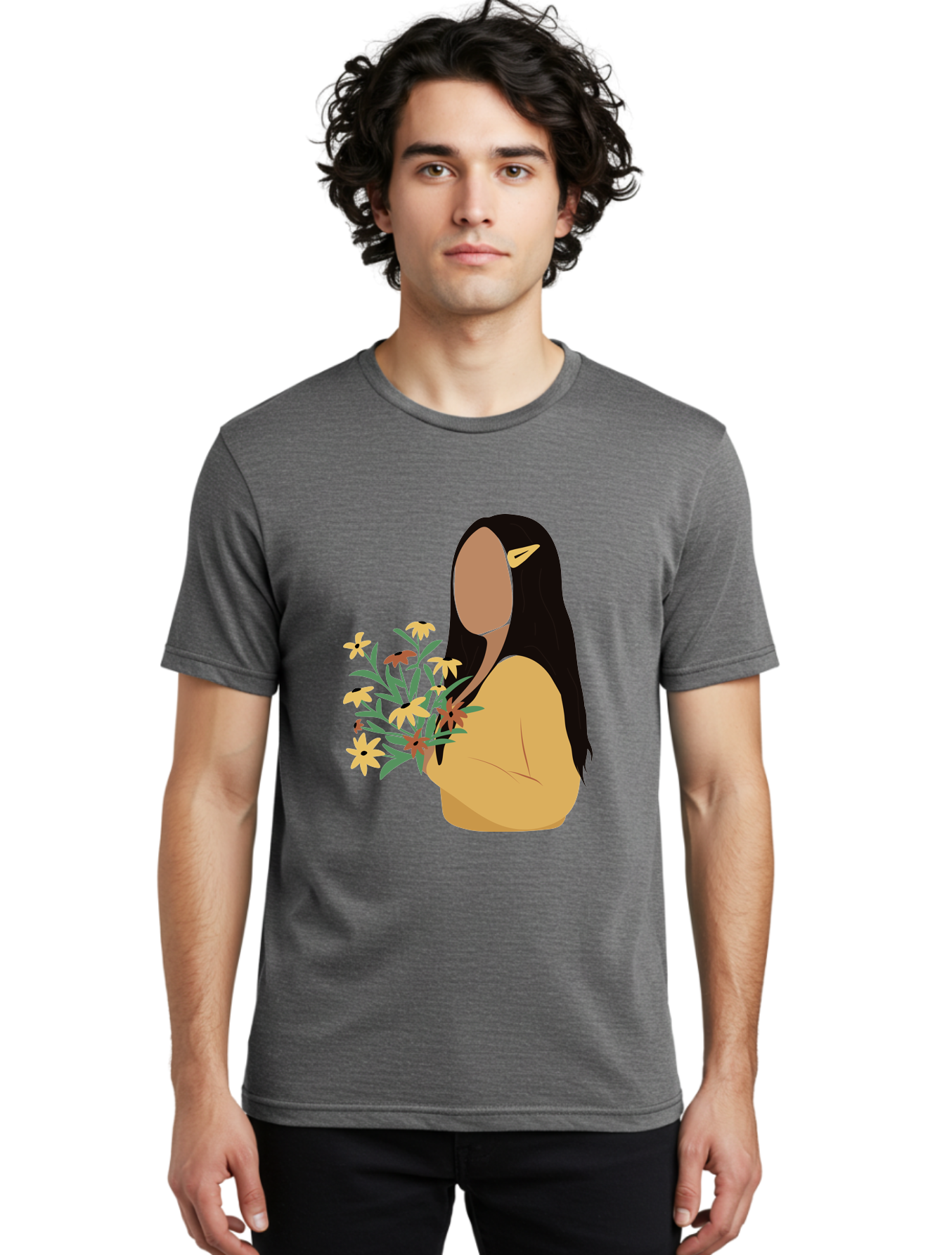 Woman-With-Flowers Men'S Graphic Tee, 100% Cotton, Comfortable Casual Summer Wear, Machine Washable, Woman Holding Flowers, Simple Illustration, Minimalist Design, Yellow Flowers, Long Black Hair, Yellow Shirt, Elegance, Simplicity, Aae074 20