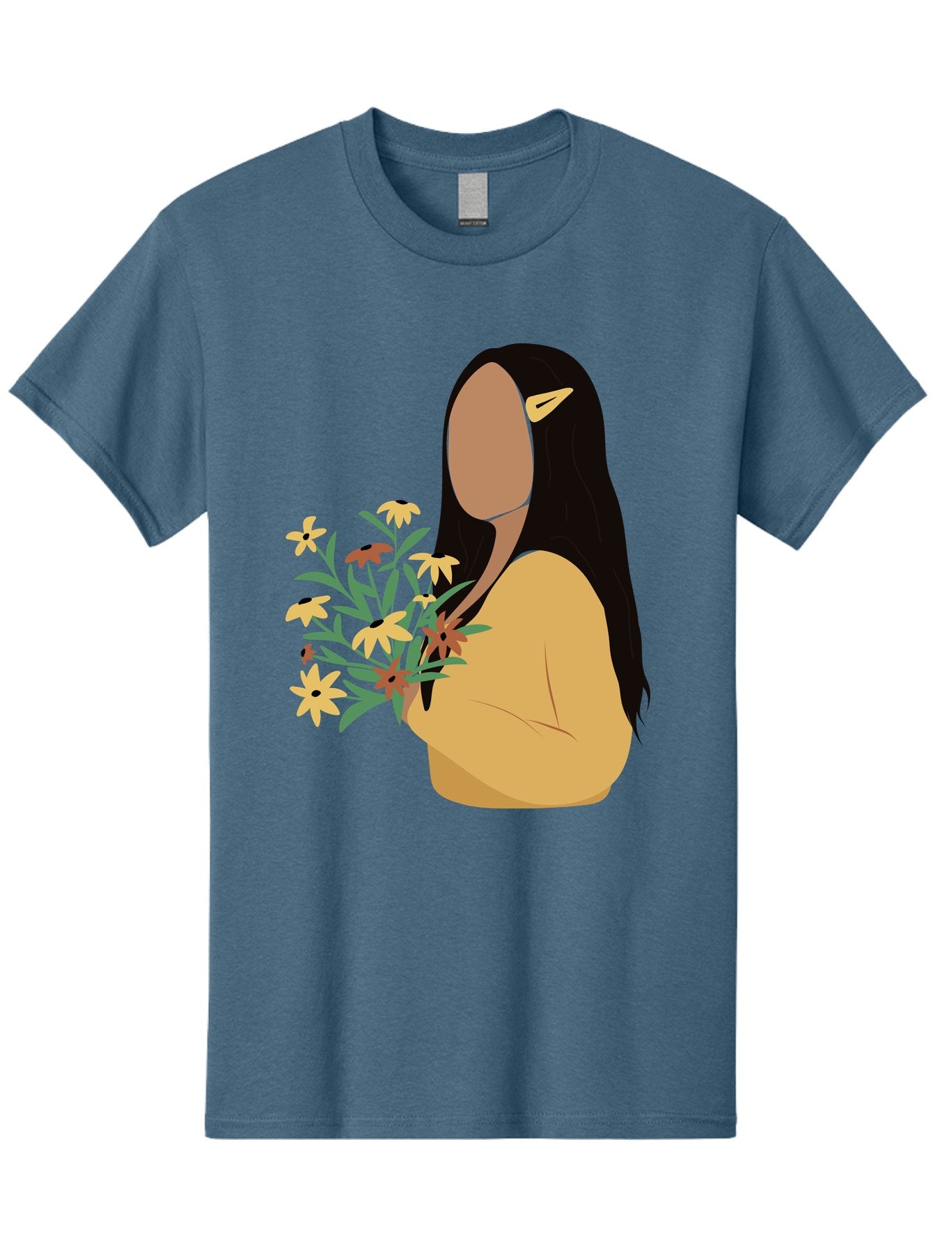 Woman-With-Flowers Men'S Graphic Tee, 100% Cotton, Comfortable Casual Summer Wear, Machine Washable, Woman Holding Flowers, Simple Illustration, Minimalist Design, Yellow Flowers, Long Black Hair, Yellow Shirt, Elegance, Simplicity, Aae074