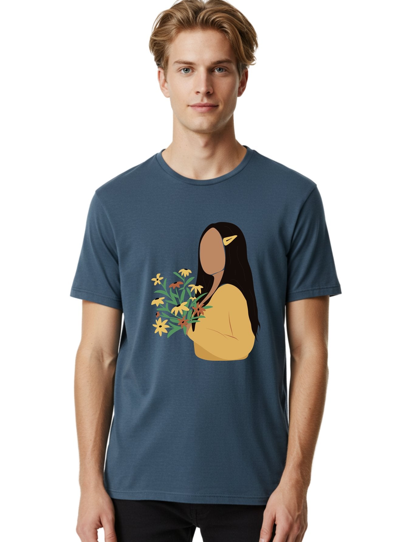 Woman-With-Flowers Men'S Graphic Tee, 100% Cotton, Comfortable Casual Summer Wear, Machine Washable, Woman Holding Flowers, Simple Illustration, Minimalist Design, Yellow Flowers, Long Black Hair, Yellow Shirt, Elegance, Simplicity, Aae074 19