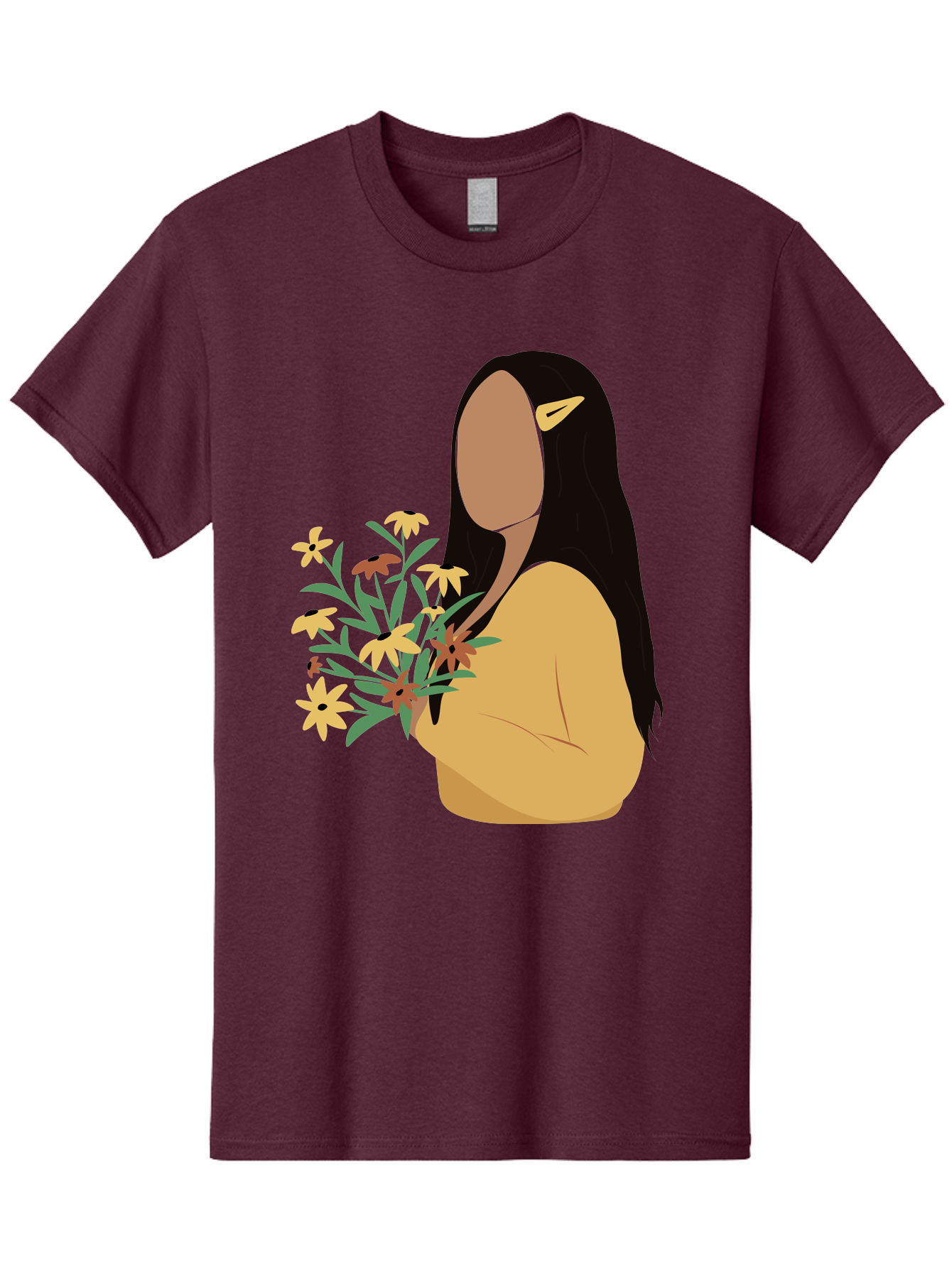 Woman-With-Flowers Men'S Graphic Tee, 100% Cotton, Comfortable Casual Summer Wear, Machine Washable, Woman Holding Flowers, Simple Illustration, Minimalist Design, Yellow Flowers, Long Black Hair, Yellow Shirt, Elegance, Simplicity, Aae074 23