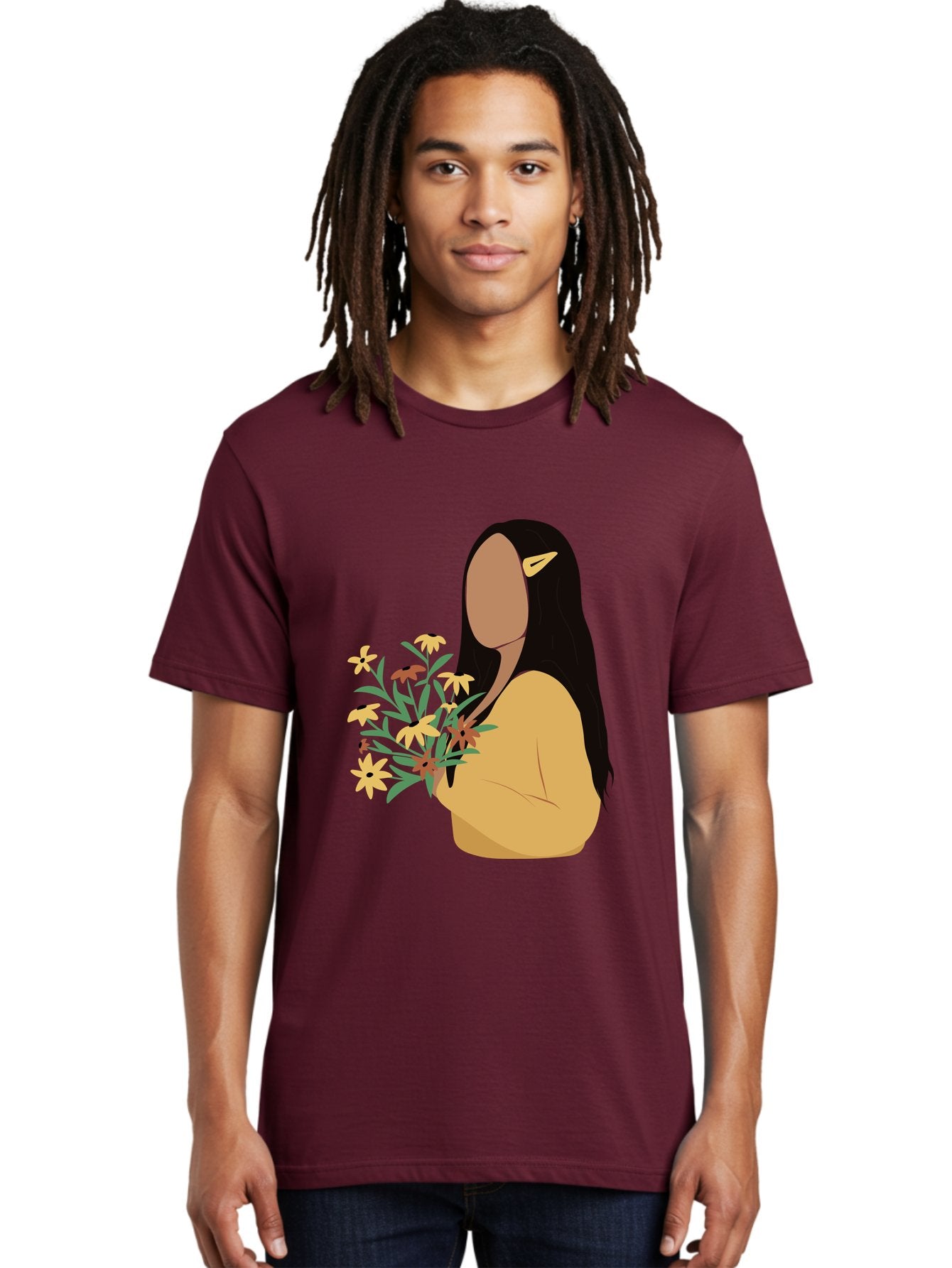 Woman-With-Flowers Men'S Graphic Tee, 100% Cotton, Comfortable Casual Summer Wear, Machine Washable, Woman Holding Flowers, Simple Illustration, Minimalist Design, Yellow Flowers, Long Black Hair, Yellow Shirt, Elegance, Simplicity, Aae074 18