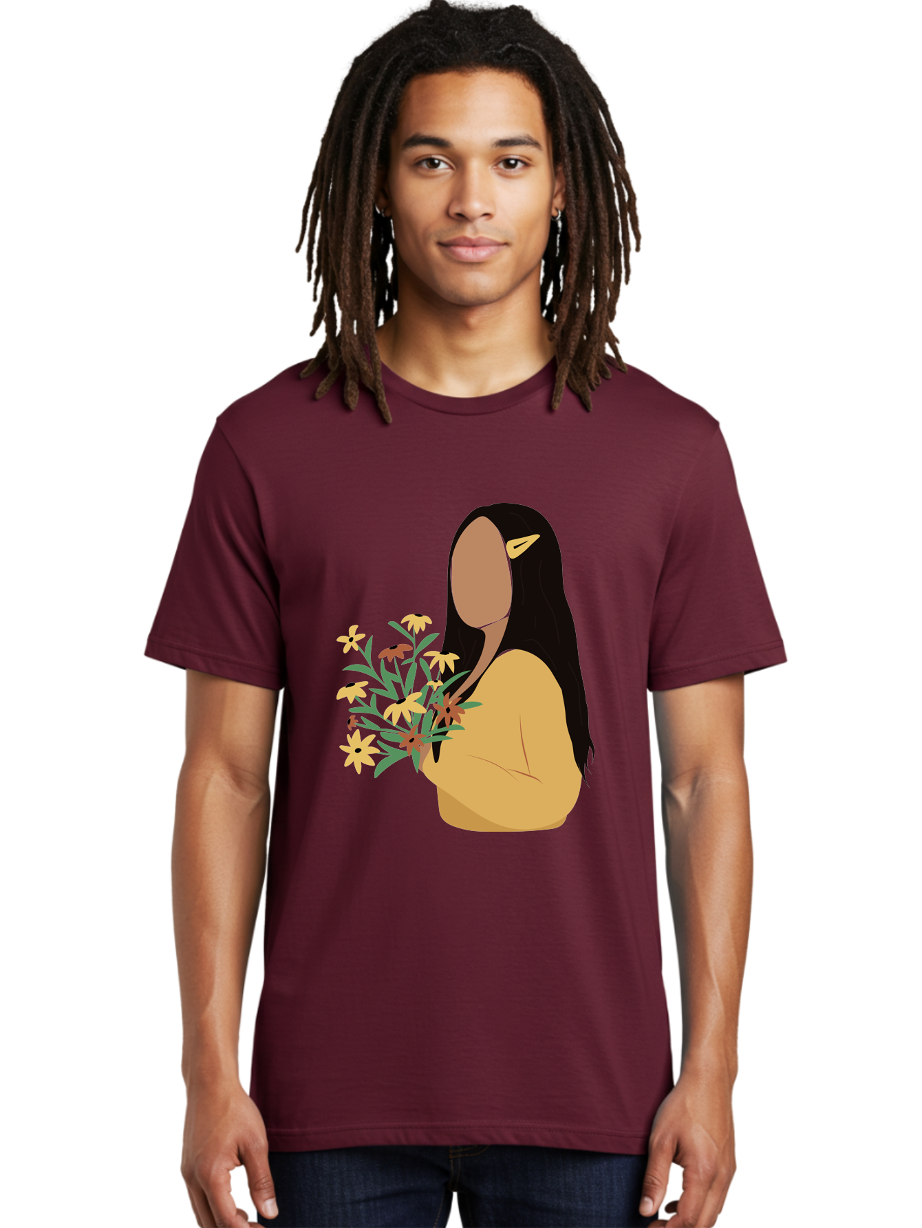 Woman-With-Flowers Men'S Graphic Tee, 100% Cotton, Comfortable Casual Summer Wear, Machine Washable, Woman Holding Flowers, Simple Illustration, Minimalist Design, Yellow Flowers, Long Black Hair, Yellow Shirt, Elegance, Simplicity, Aae074 24