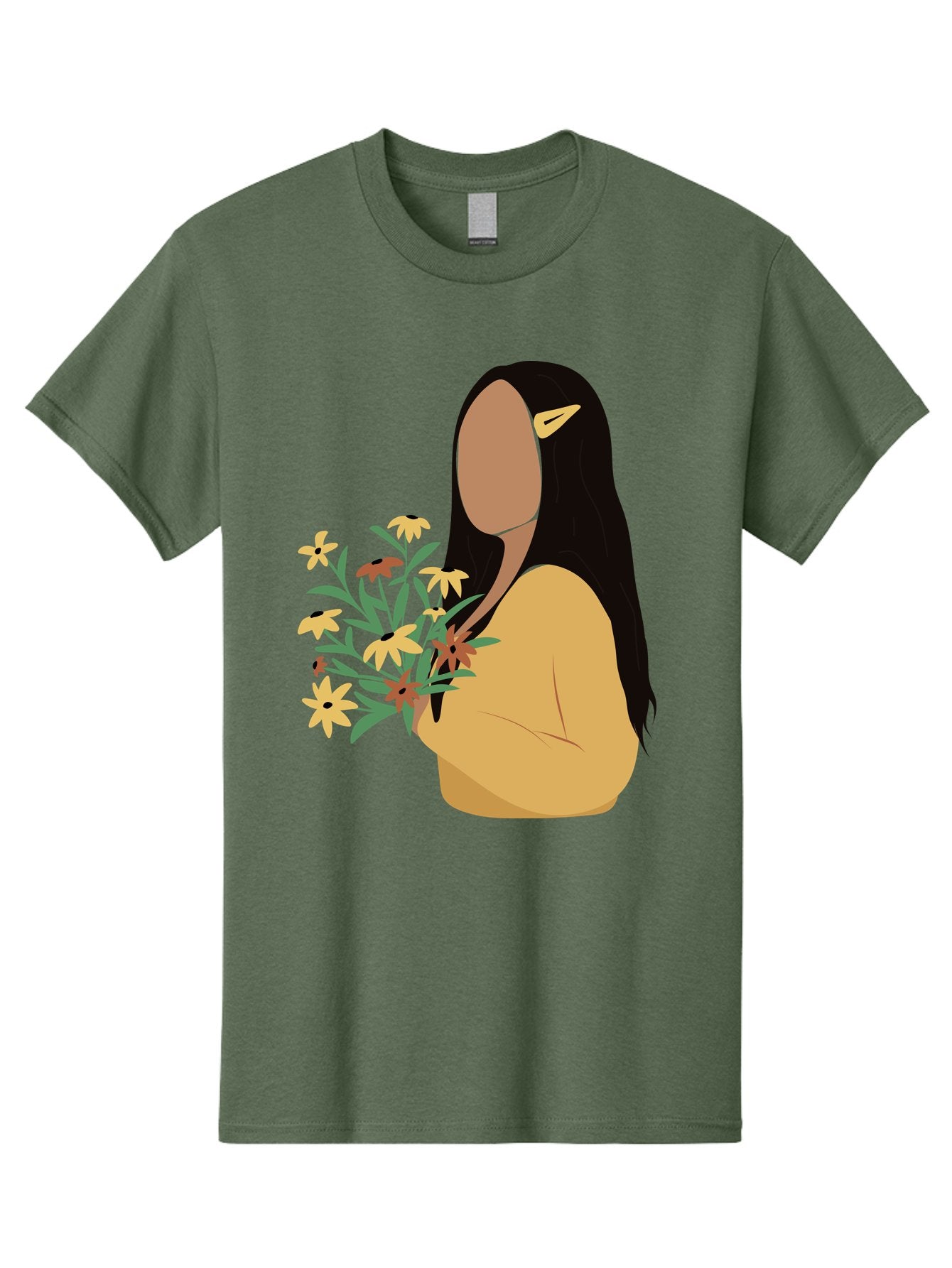 Woman-With-Flowers Men'S Graphic Tee, 100% Cotton, Comfortable Casual Summer Wear, Machine Washable, Woman Holding Flowers, Simple Illustration, Minimalist Design, Yellow Flowers, Long Black Hair, Yellow Shirt, Elegance, Simplicity, Aae074 5