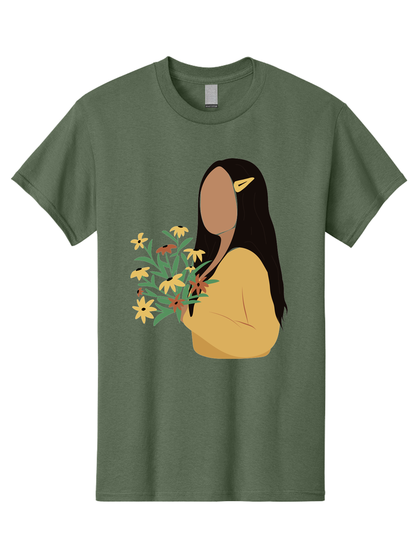 Woman-With-Flowers Men'S Graphic Tee, 100% Cotton, Comfortable Casual Summer Wear, Machine Washable, Woman Holding Flowers, Simple Illustration, Minimalist Design, Yellow Flowers, Long Black Hair, Yellow Shirt, Elegance, Simplicity, Aae074 15