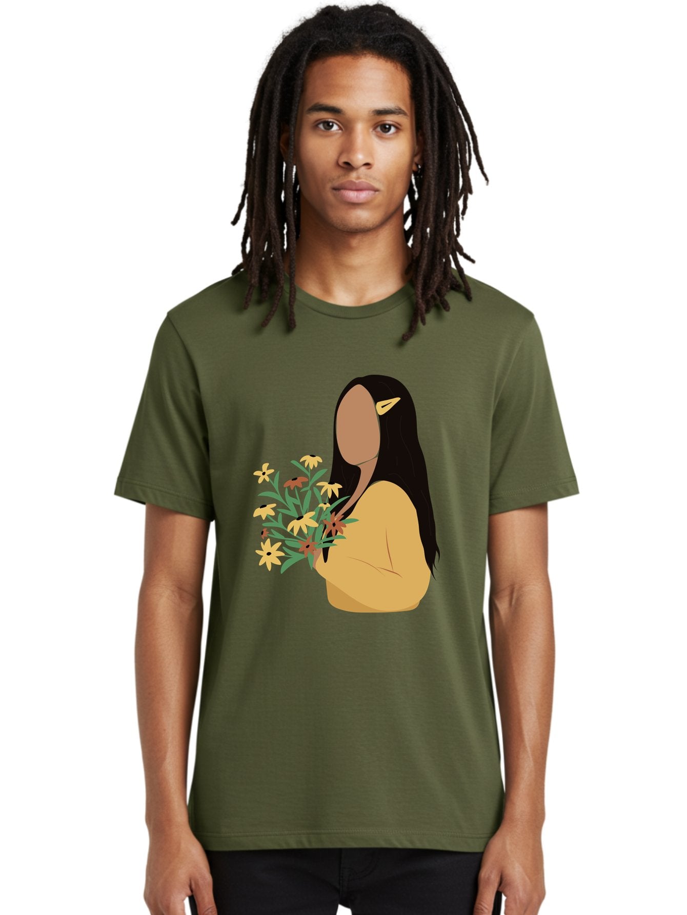 Woman-With-Flowers Men'S Graphic Tee, 100% Cotton, Comfortable Casual Summer Wear, Machine Washable, Woman Holding Flowers, Simple Illustration, Minimalist Design, Yellow Flowers, Long Black Hair, Yellow Shirt, Elegance, Simplicity, Aae074 23