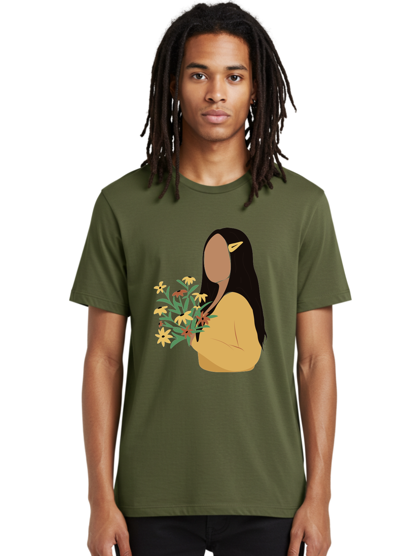 Woman-With-Flowers Men'S Graphic Tee, 100% Cotton, Comfortable Casual Summer Wear, Machine Washable, Woman Holding Flowers, Simple Illustration, Minimalist Design, Yellow Flowers, Long Black Hair, Yellow Shirt, Elegance, Simplicity, Aae074 16
