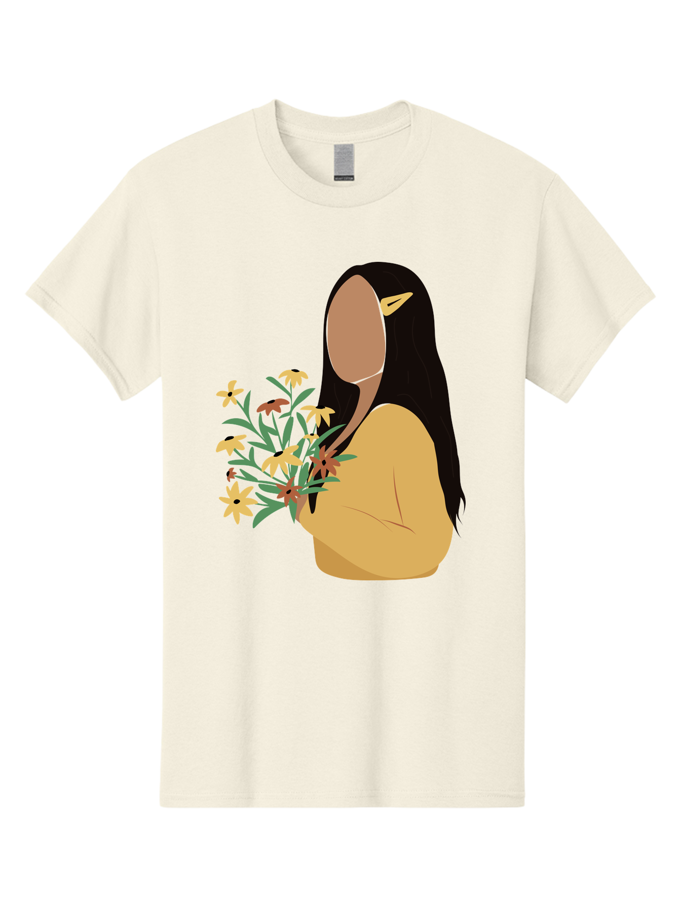 Woman-With-Flowers Men'S Graphic Tee, 100% Cotton, Comfortable Casual Summer Wear, Machine Washable, Woman Holding Flowers, Simple Illustration, Minimalist Design, Yellow Flowers, Long Black Hair, Yellow Shirt, Elegance, Simplicity, Aae074 17