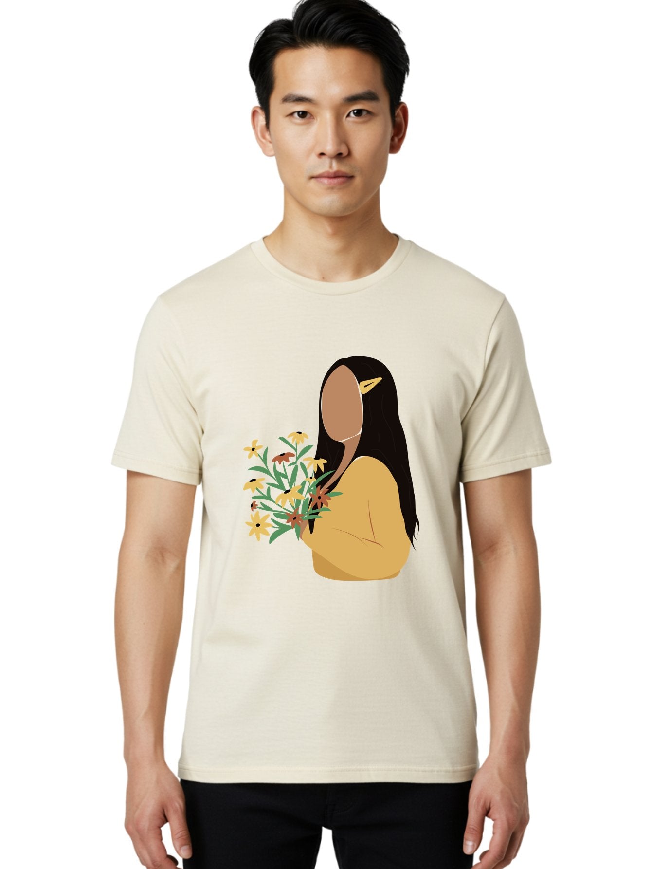 Woman-With-Flowers Men'S Graphic Tee, 100% Cotton, Comfortable Casual Summer Wear, Machine Washable, Woman Holding Flowers, Simple Illustration, Minimalist Design, Yellow Flowers, Long Black Hair, Yellow Shirt, Elegance, Simplicity, Aae074 22