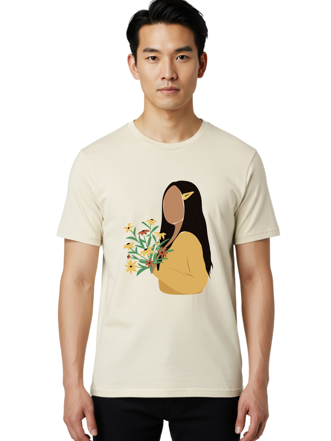Woman-With-Flowers Men'S Graphic Tee, 100% Cotton, Comfortable Casual Summer Wear, Machine Washable, Woman Holding Flowers, Simple Illustration, Minimalist Design, Yellow Flowers, Long Black Hair, Yellow Shirt, Elegance, Simplicity, Aae074 18